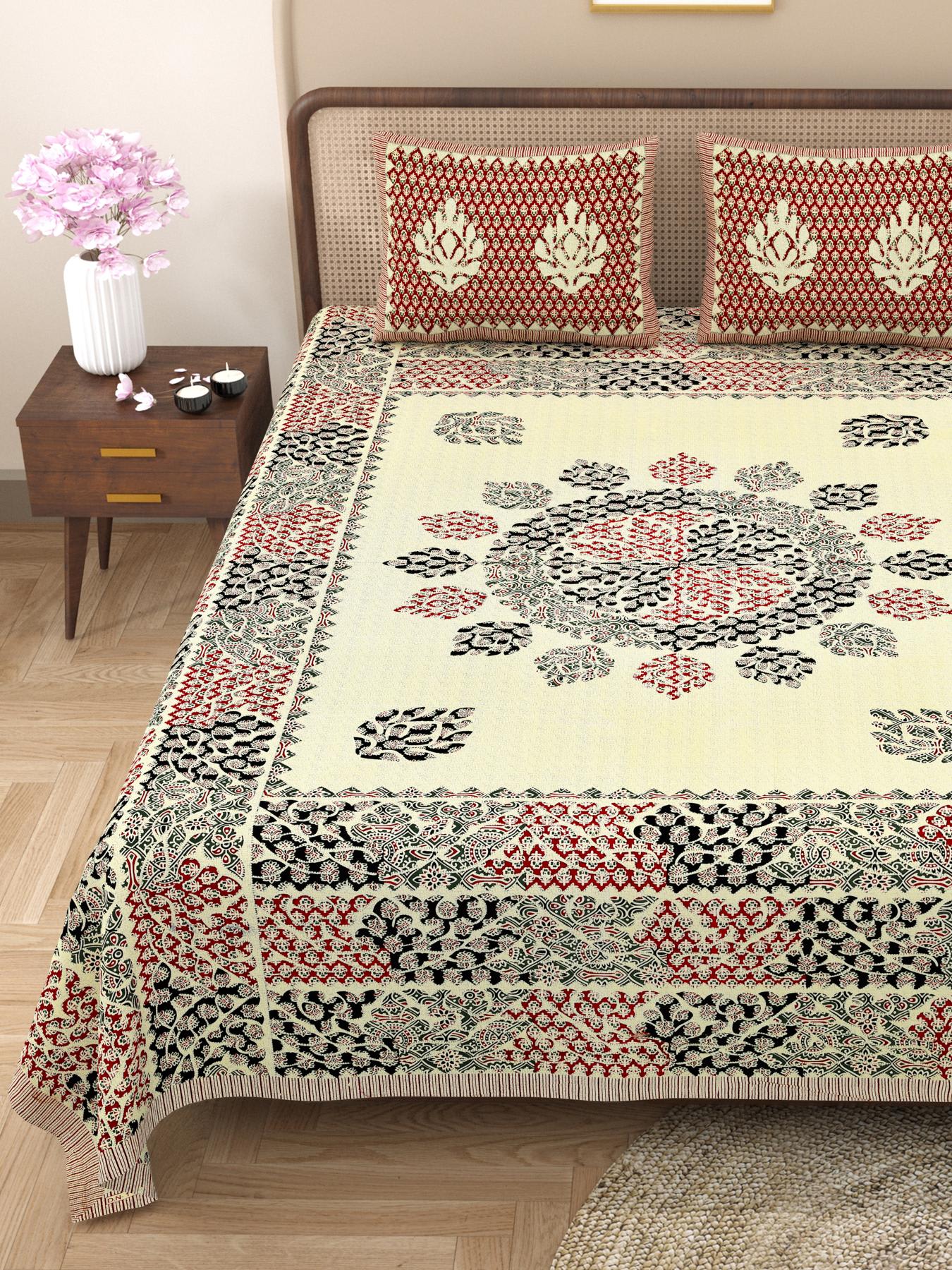 Rajasthani Cotton King Size Printed Flat Bedsheet  90*108 With 2 Zipper Pillow Cover