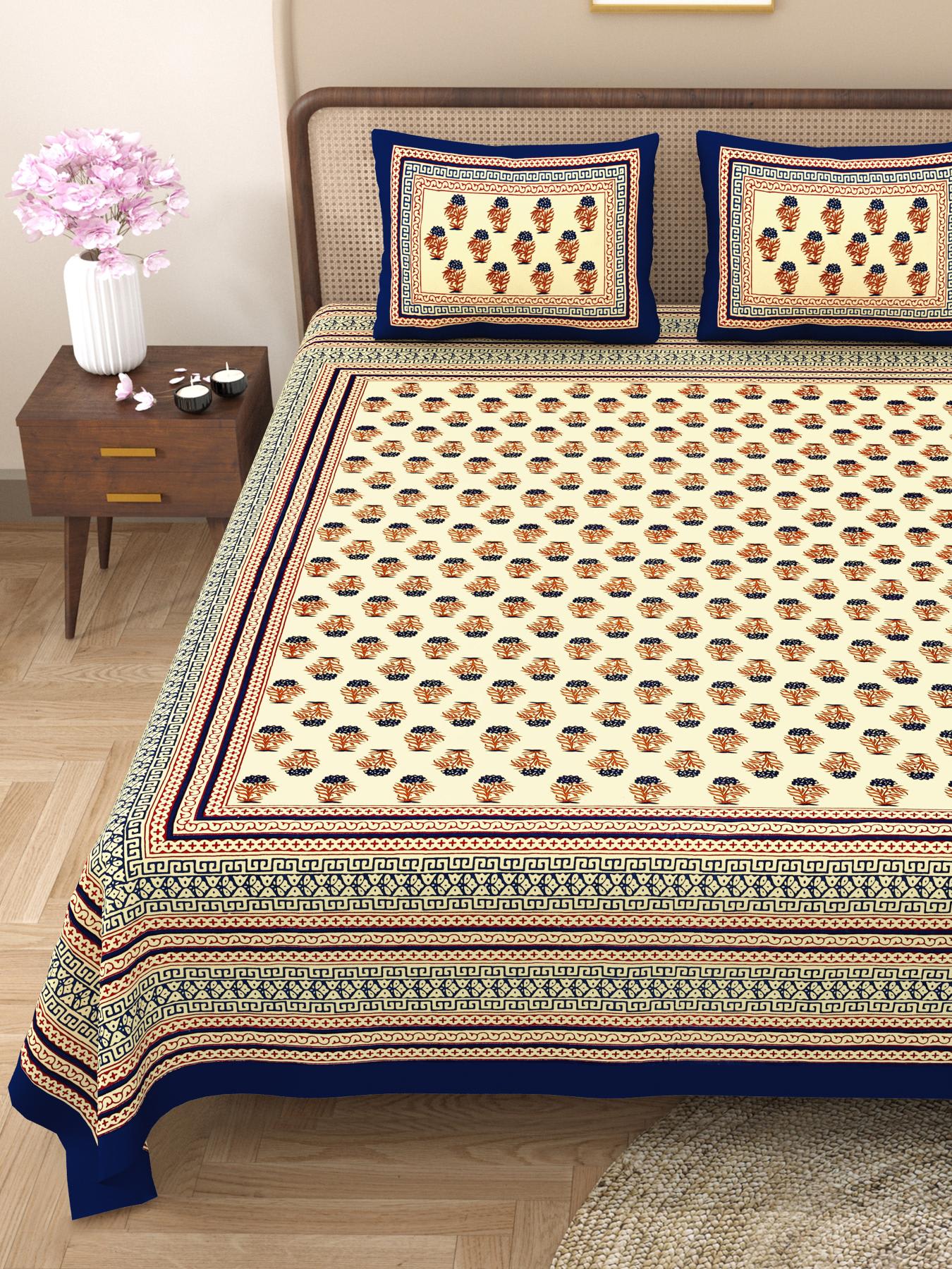 Rajasthani Cotton King Size Printed Flat Bedsheet  90*108 With 2 Zipper Pillow Cover