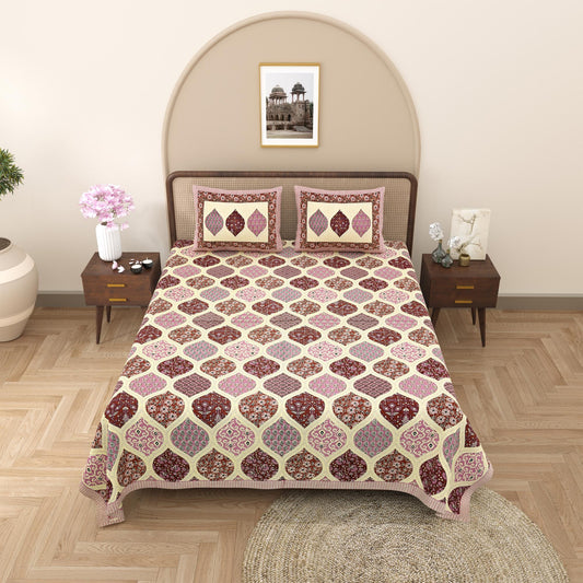 Rajasthani Cotton King Size Printed Flat Bedsheet  90*108 With 2 Zipper Pillow Cover