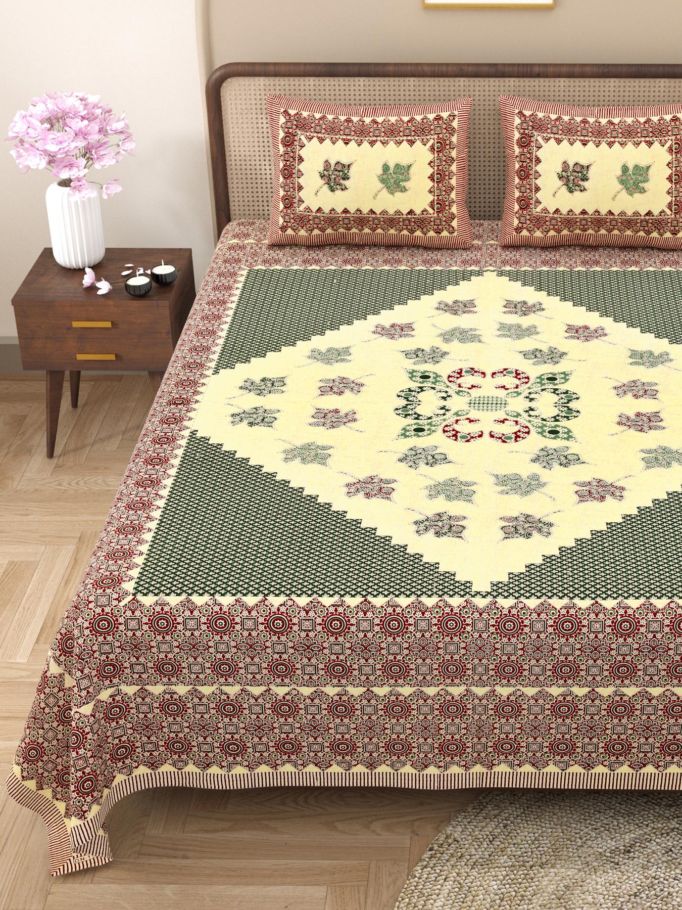 Rajasthani Cotton King Size Printed Flat Bedsheet  90*108 With 2 Zipper Pillow Cover