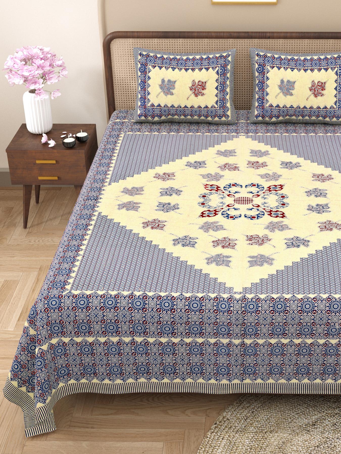 Rajasthani Cotton King Size Printed Flat Bedsheet  90*108 With 2 Zipper Pillow Cover