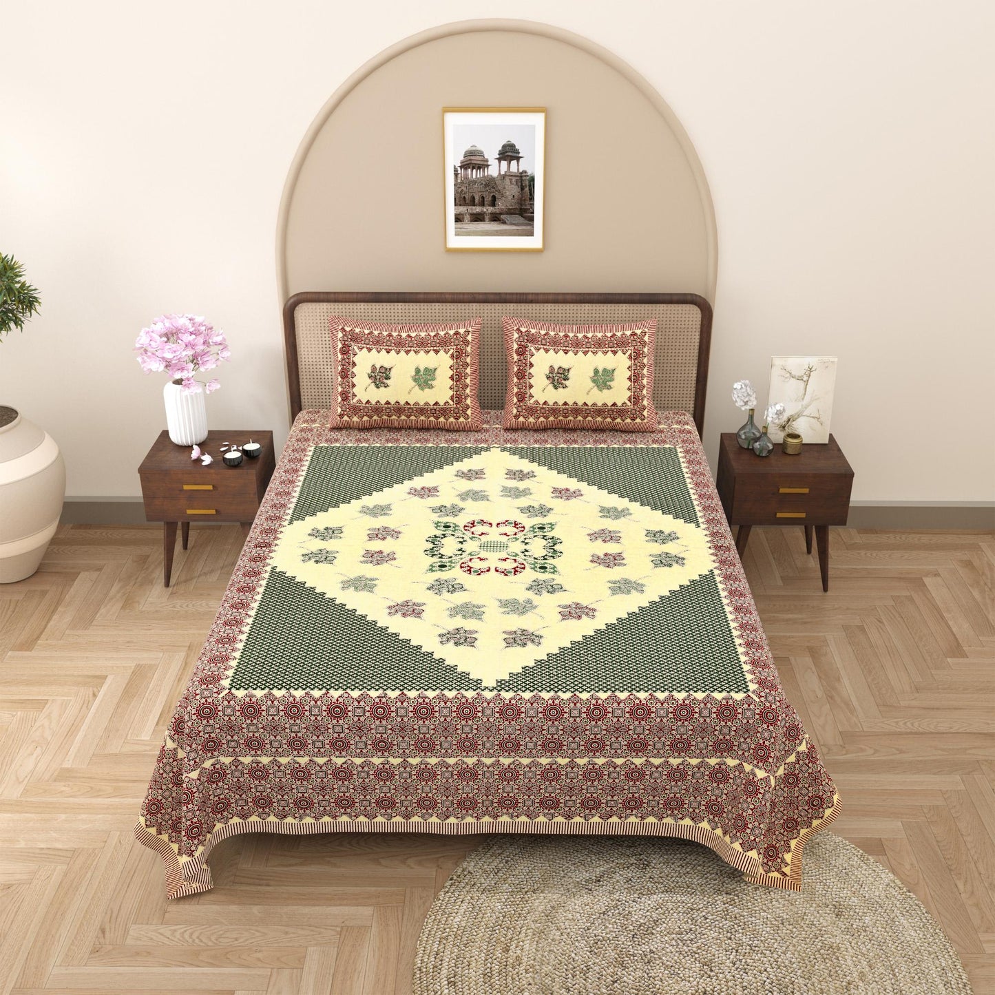 Rajasthani Cotton King Size Printed Flat Bedsheet  90*108 With 2 Zipper Pillow Cover