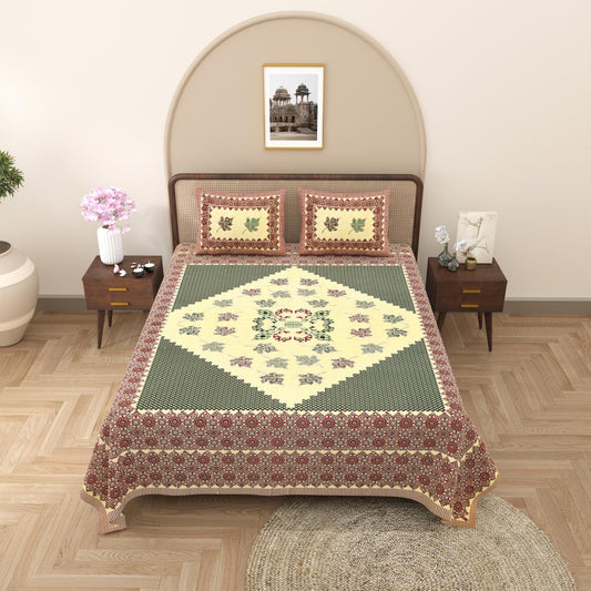 Rajasthani Cotton King Size Printed Flat Bedsheet  90*108 With 2 Zipper Pillow Cover