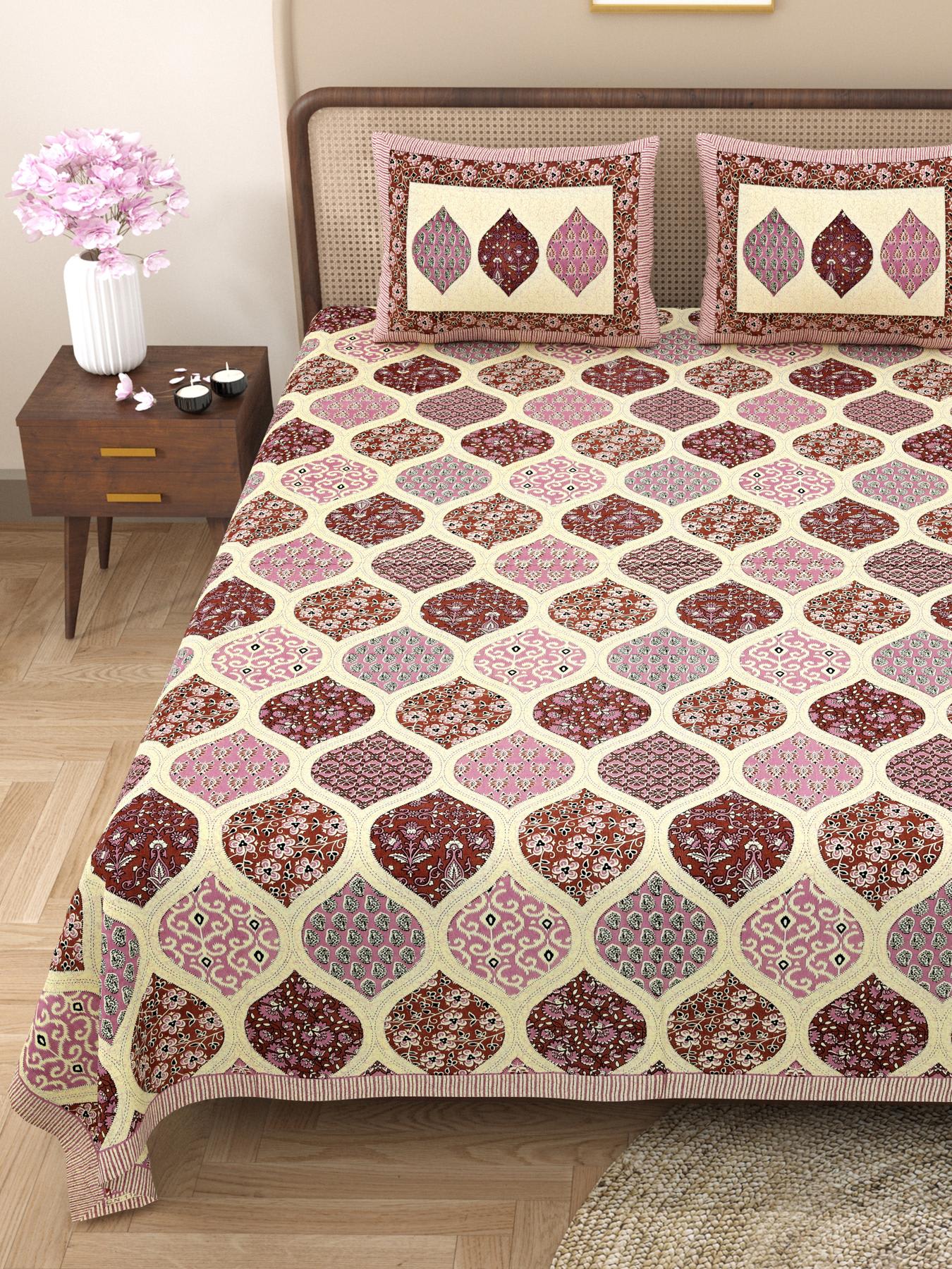 Rajasthani Cotton King Size Printed Flat Bedsheet  90*108 With 2 Zipper Pillow Cover