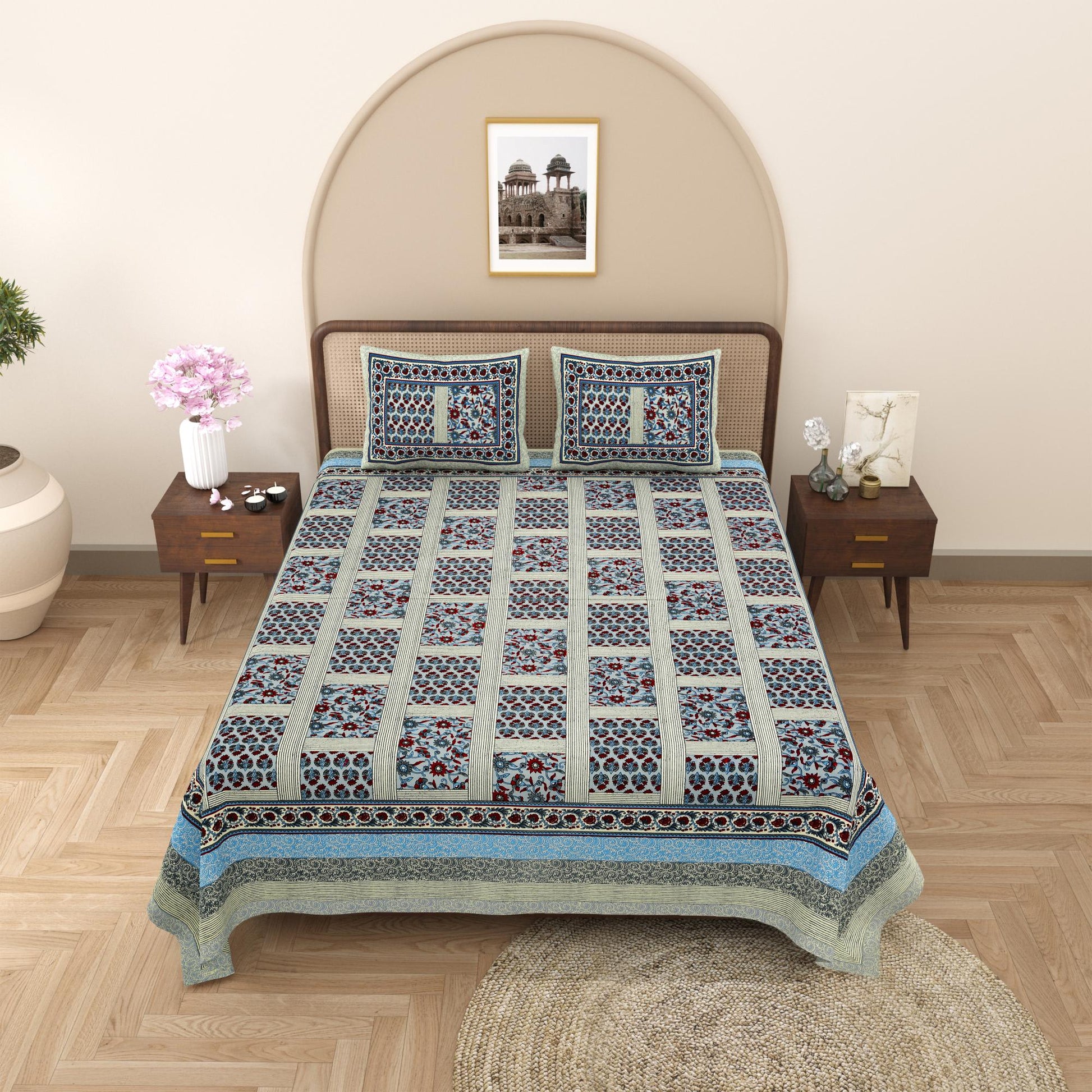 Rajasthani Cotton King Size Printed Flat Bedsheet  90*108 With 2 Zipper Pillow Cover