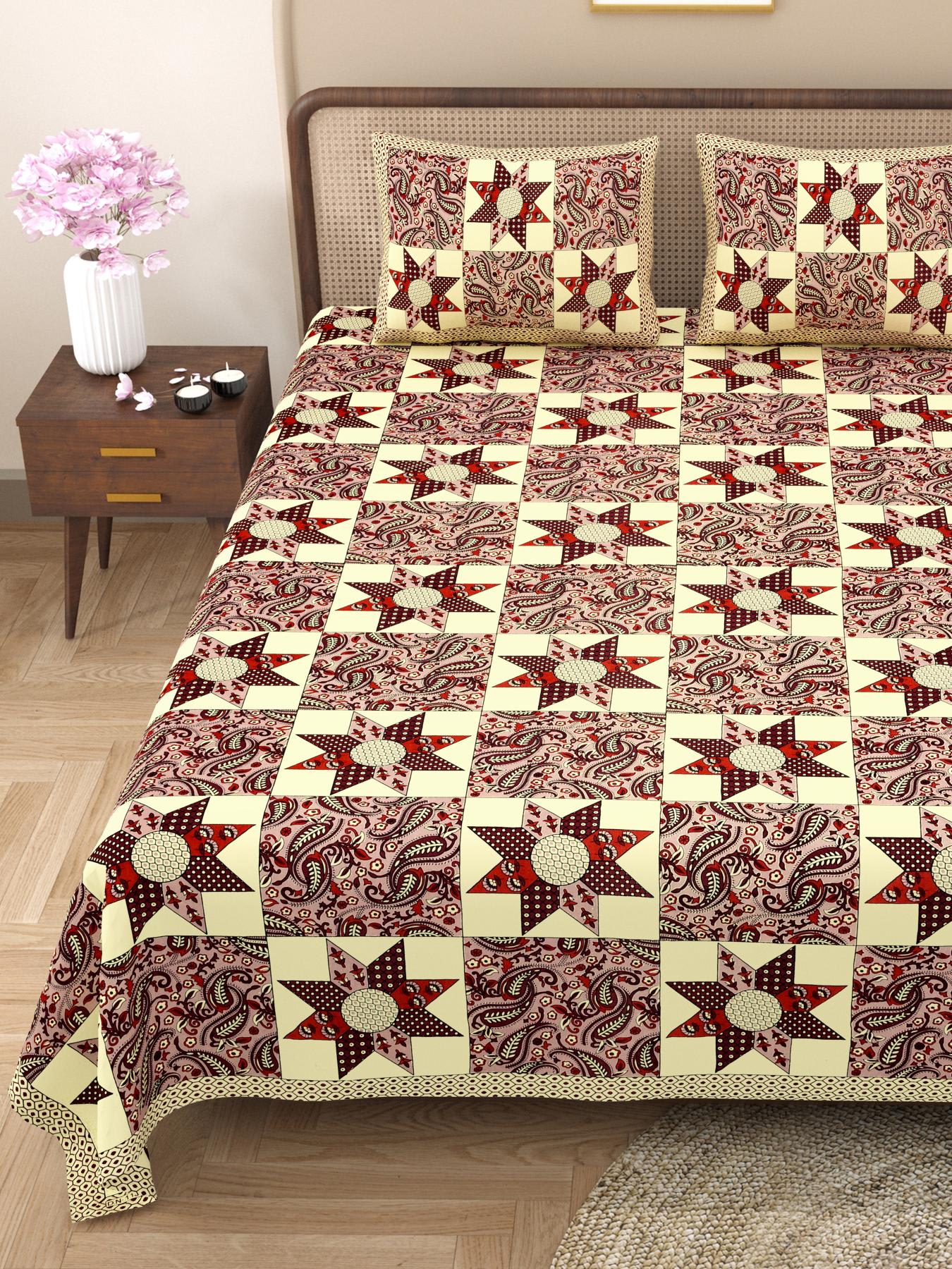 Rajasthani Cotton King Size Printed Flat Bedsheet  90*108 With 2 Zipper Pillow Cover