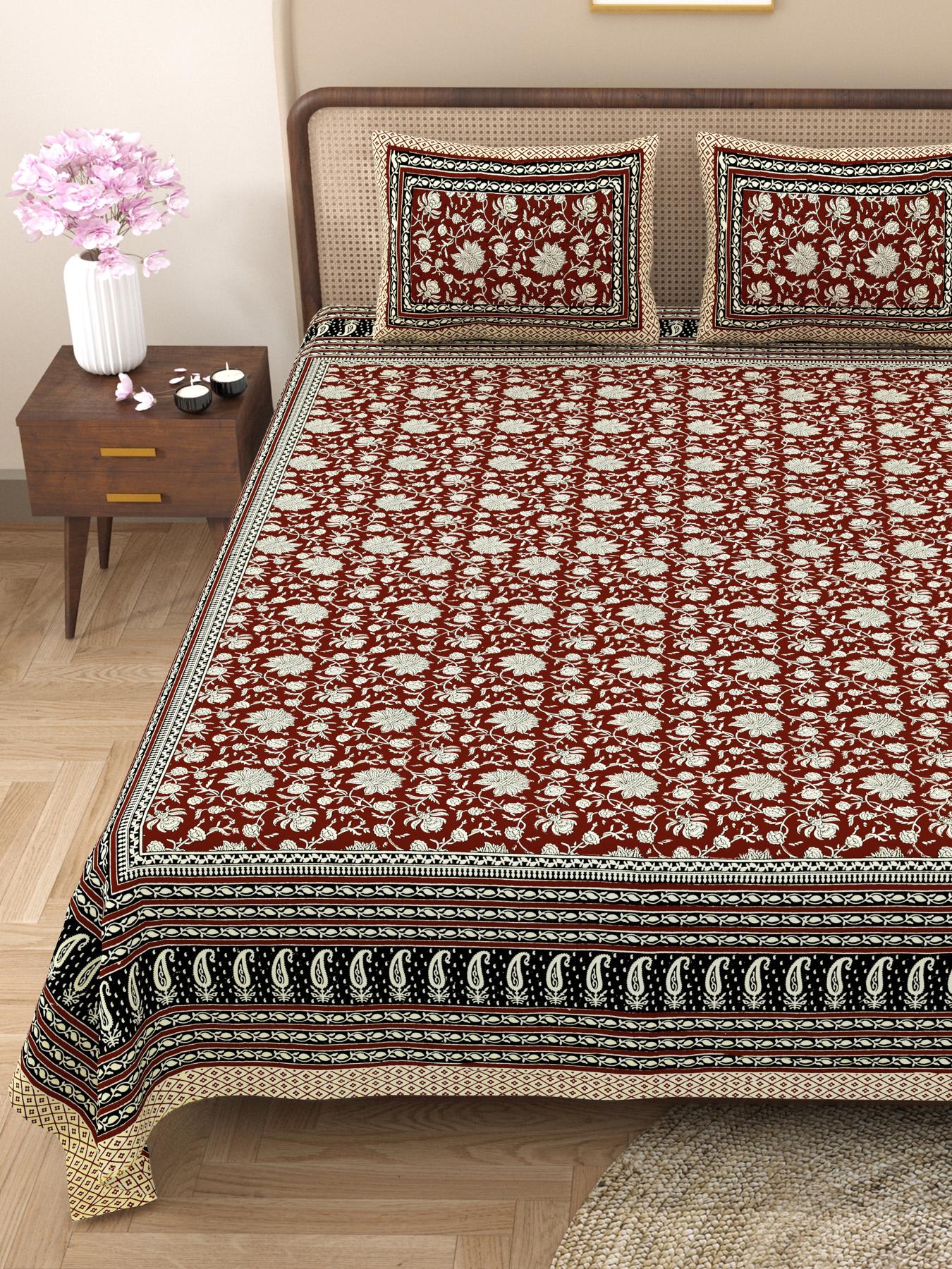Rajasthani Cotton King Size Printed Flat Bedsheet  90*108 With 2 Zipper Pillow Cover
