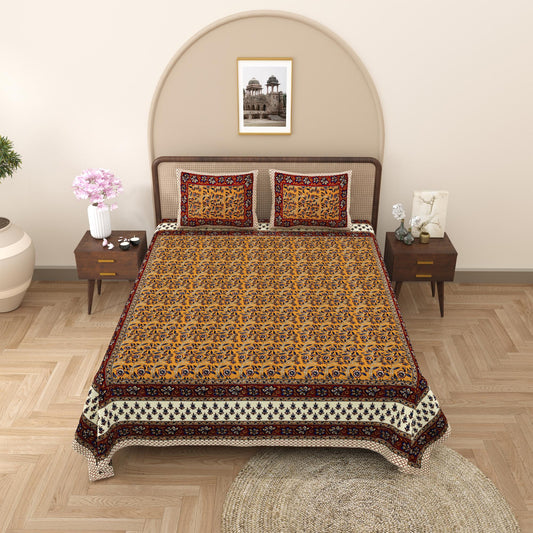 Rajasthani Cotton King Size Printed Flat Bedsheet  90*108 With 2 Zipper Pillow Cover