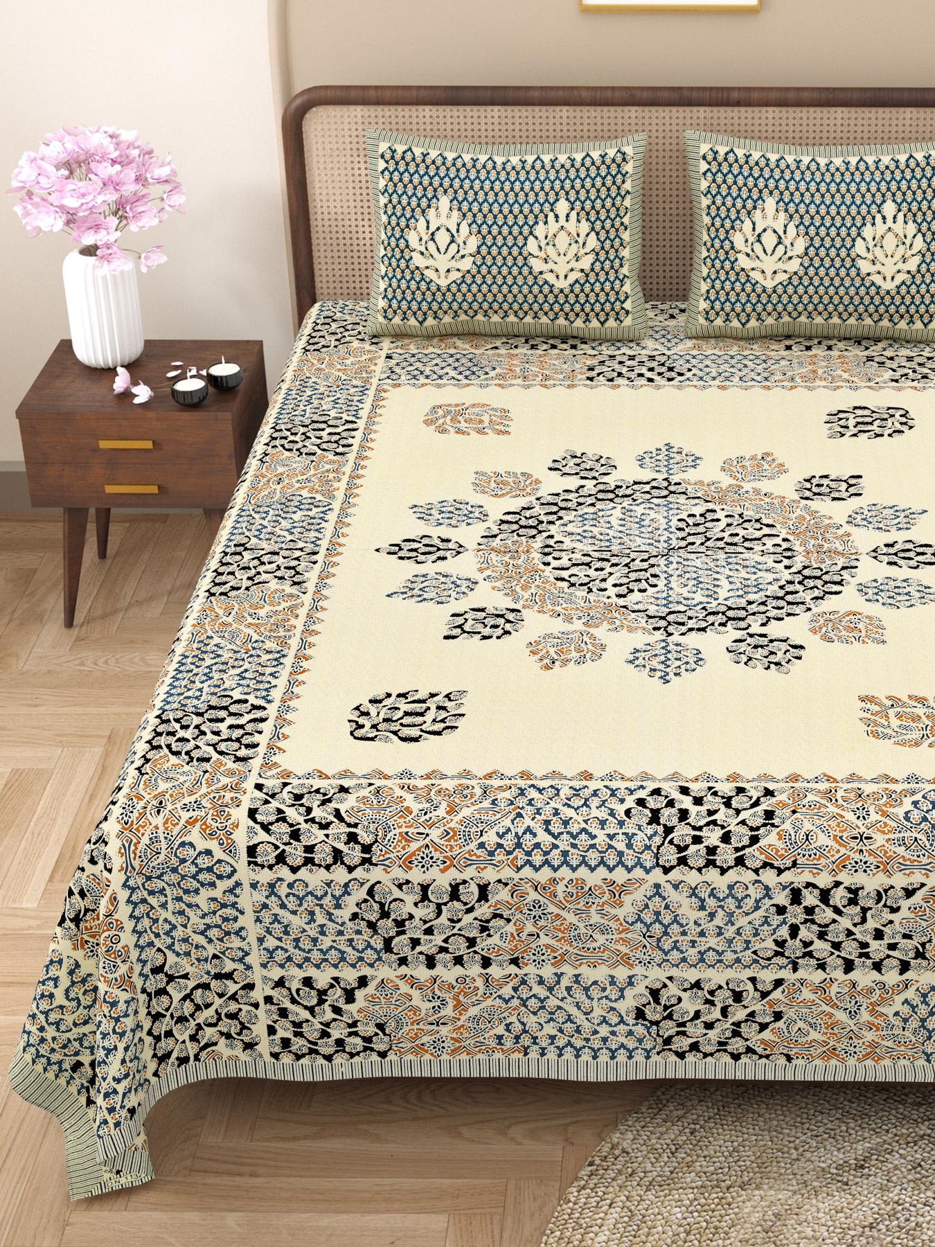 Rajasthani Cotton King Size Printed Flat Bedsheet  90*108 With 2 Zipper Pillow Cover