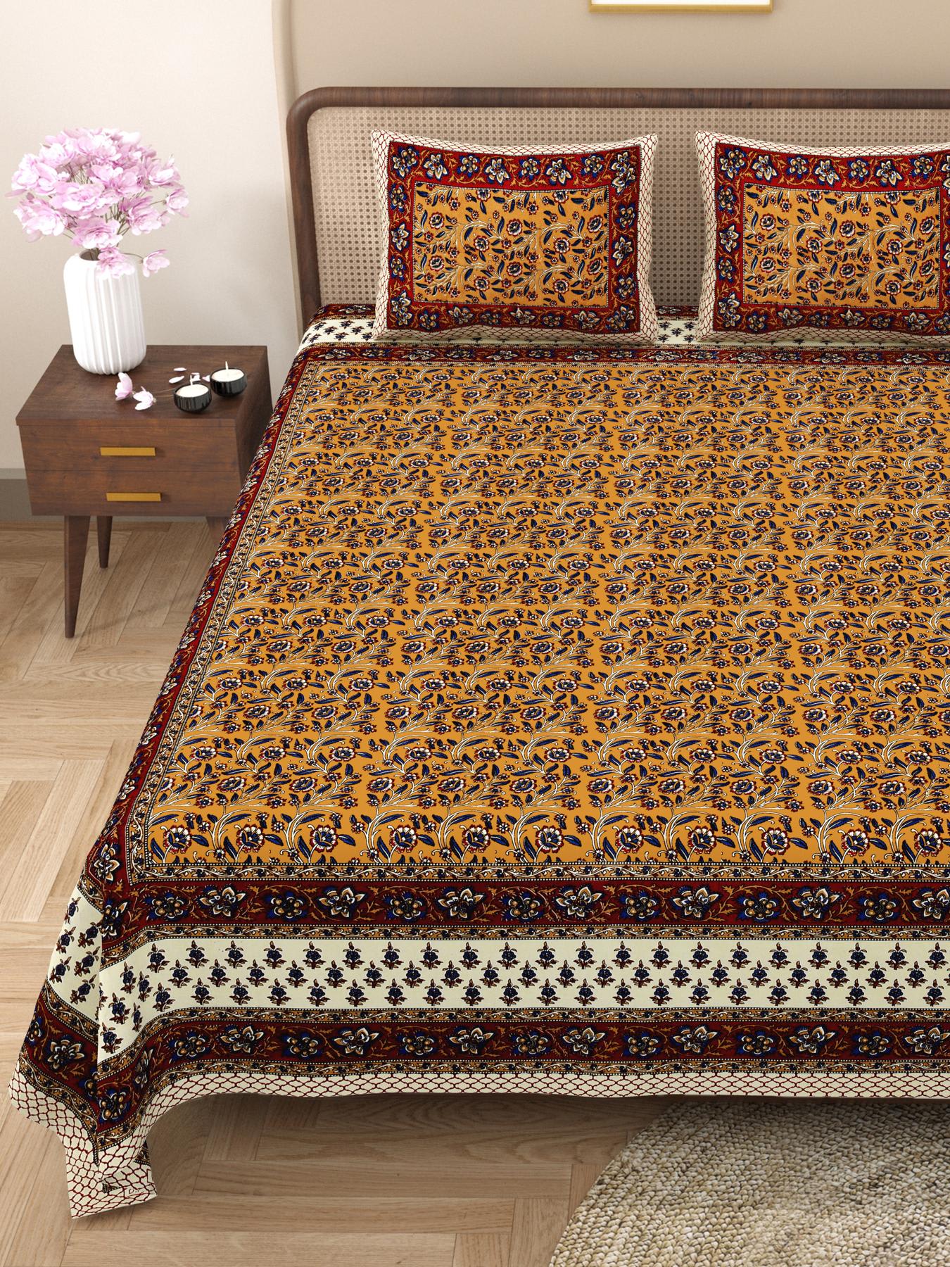 Rajasthani Cotton King Size Printed Flat Bedsheet  90*108 With 2 Zipper Pillow Cover