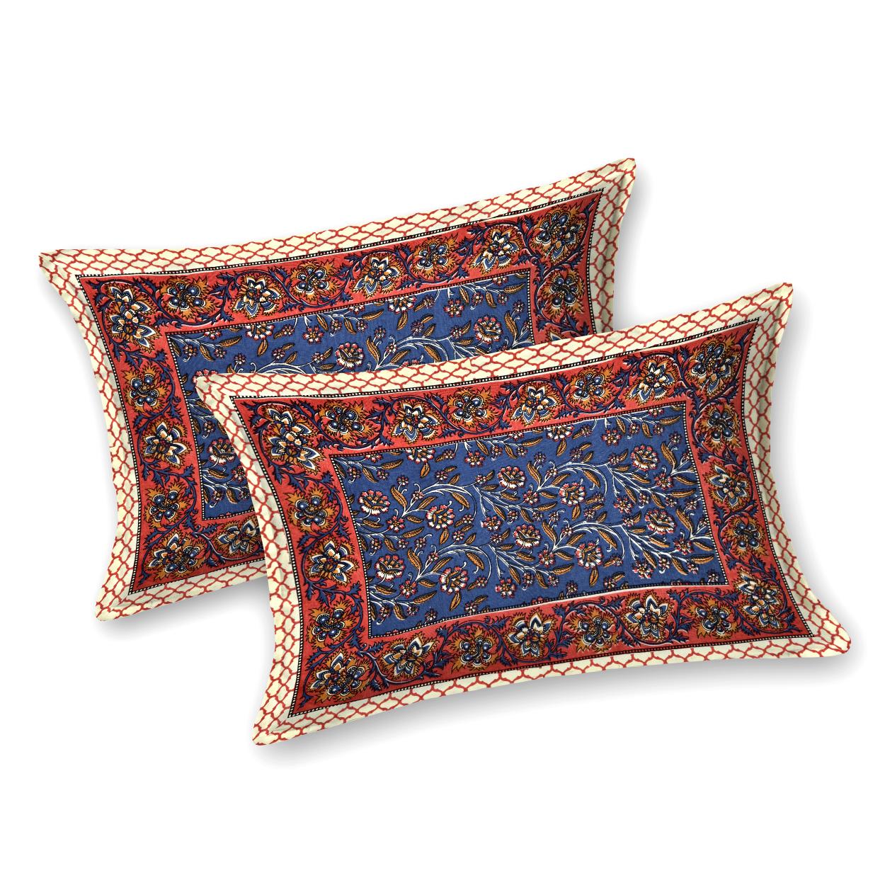 Rajasthani Cotton King Size Printed Flat Bedsheet  90*108 With 2 Zipper Pillow Cover