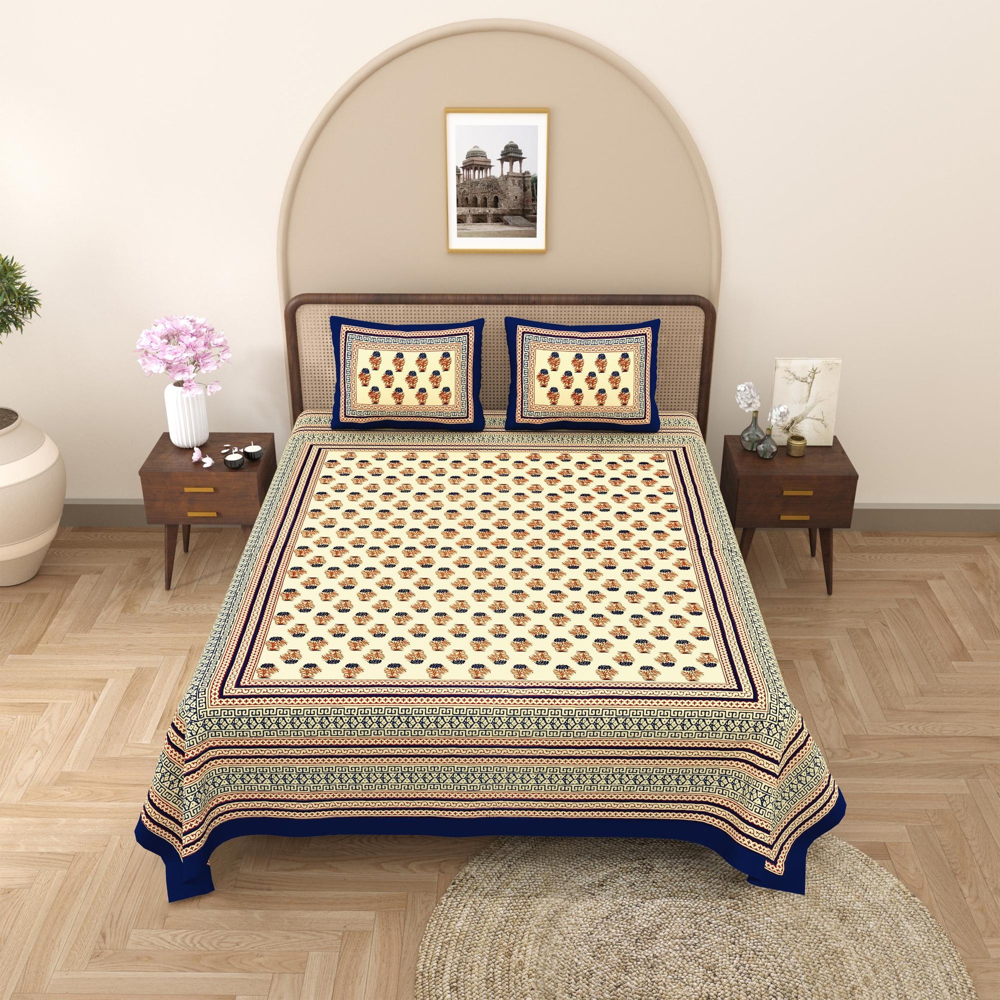 Rajasthani Cotton King Size Printed Flat Bedsheet  90*108 With 2 Zipper Pillow Cover