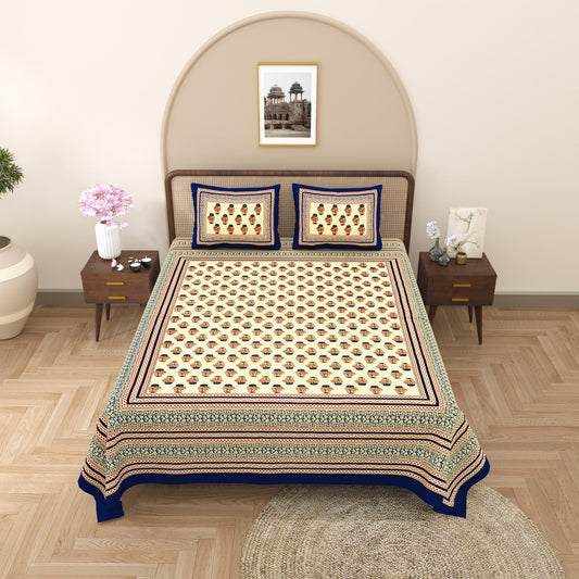 Rajasthani Cotton King Size Printed Flat Bedsheet  90*108 With 2 Zipper Pillow Cover