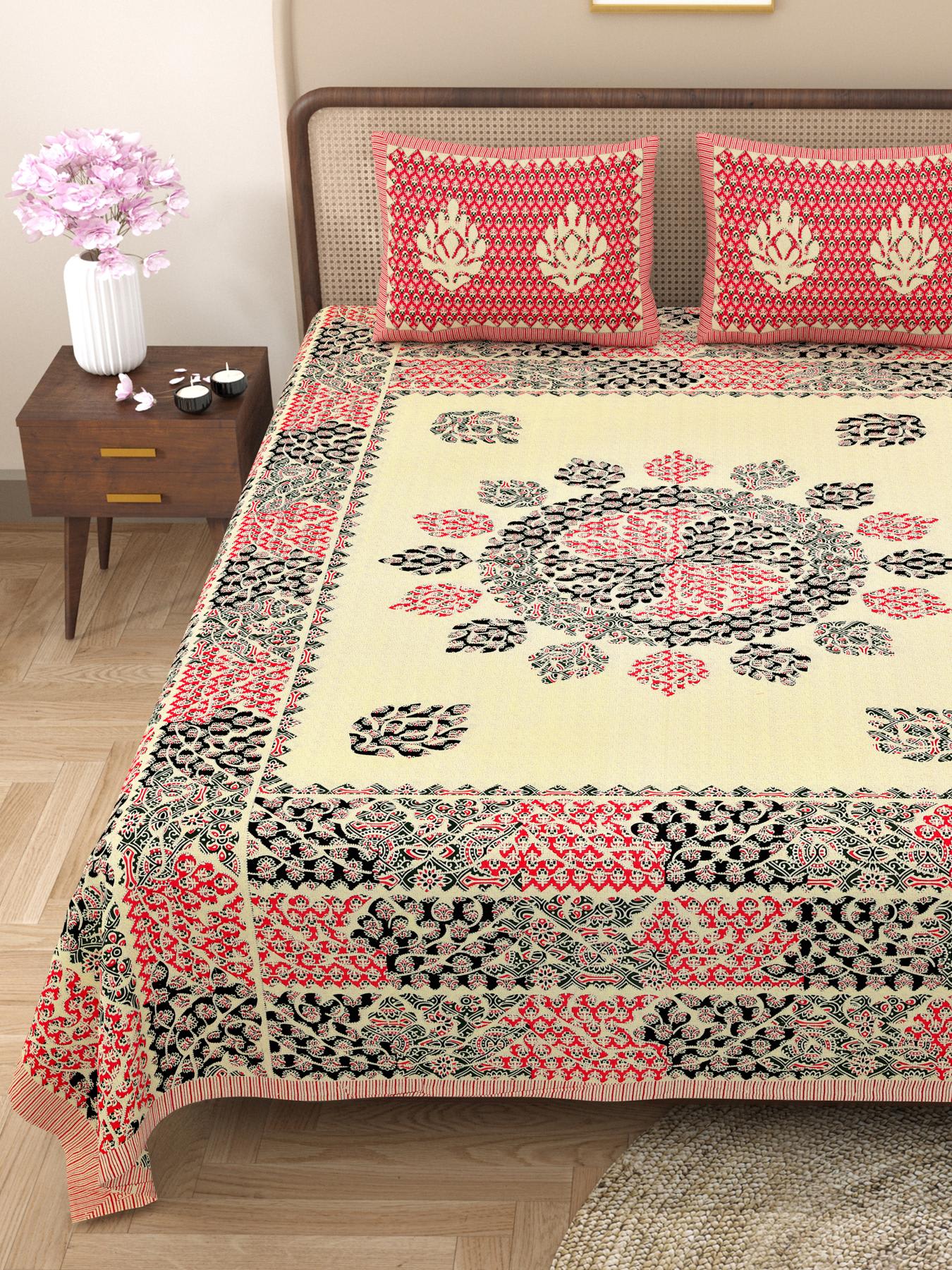 Rajasthani Cotton King Size Printed Flat Bedsheet  90*108 With 2 Zipper Pillow Cover