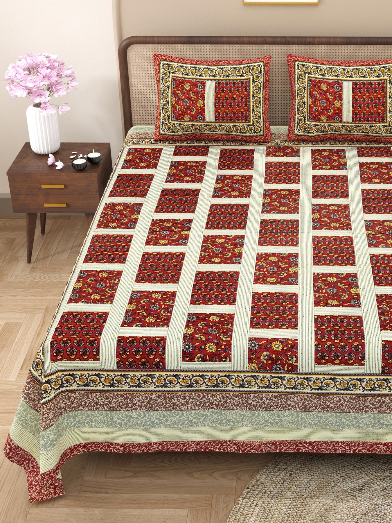 Rajasthani Cotton King Size Printed Flat Bedsheet  90*108 With 2 Zipper Pillow Cover