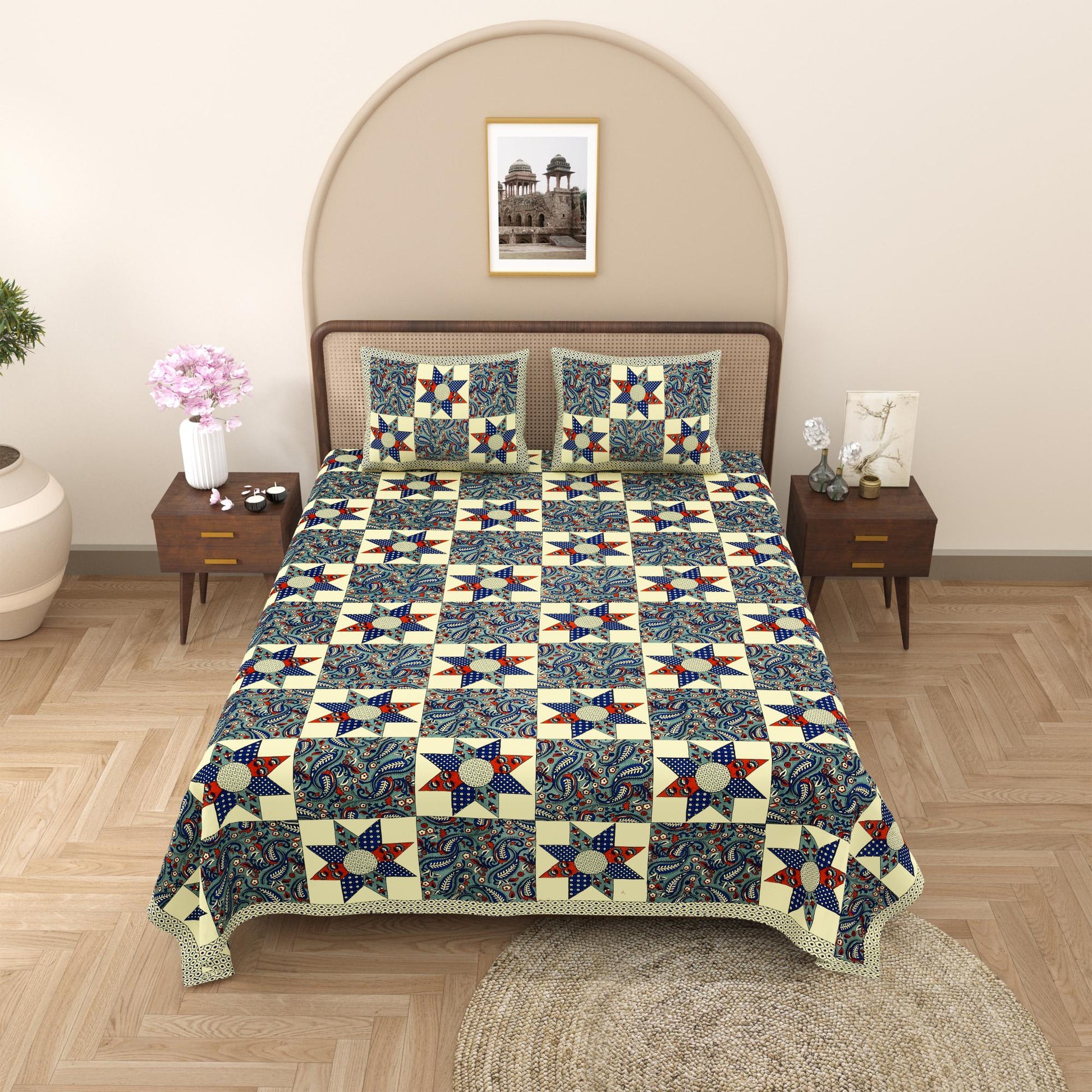 Rajasthani Cotton King Size Printed Flat Bedsheet  90*108 With 2 Zipper Pillow Cover