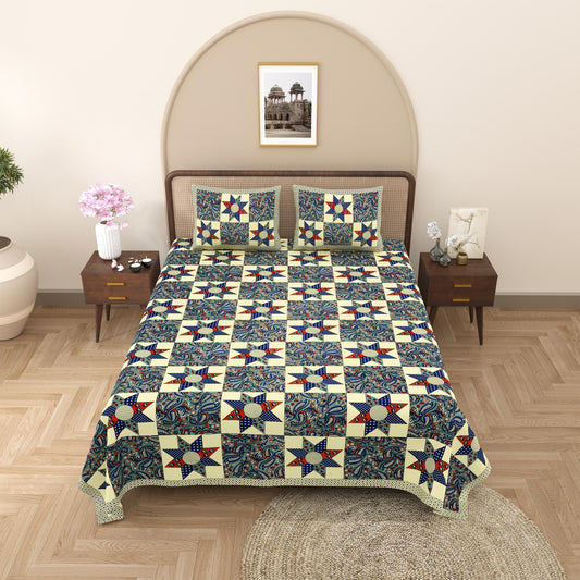 Rajasthani Cotton King Size Printed Flat Bedsheet  90*108 With 2 Zipper Pillow Cover