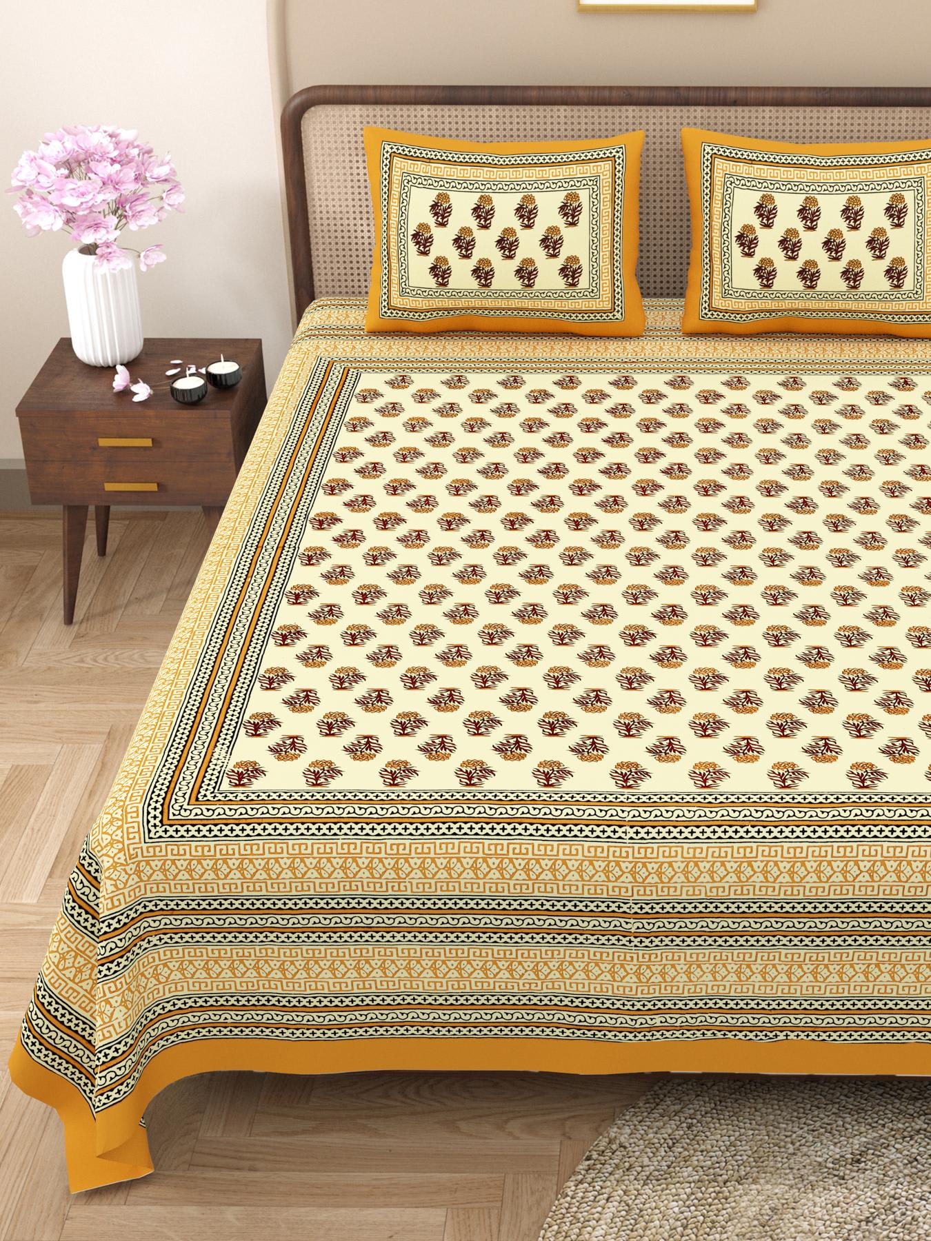 Rajasthani Cotton King Size Printed Flat Bedsheet  90*108 With 2 Zipper Pillow Cover