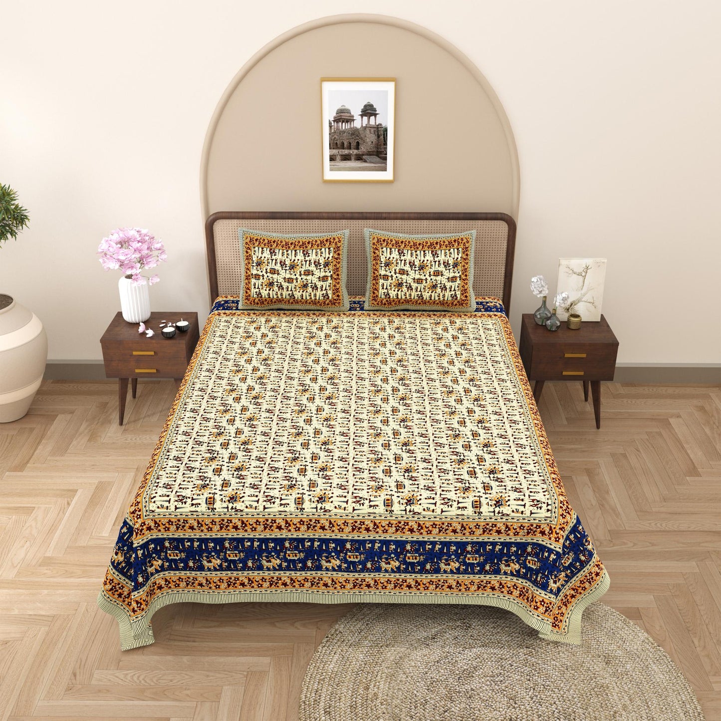 Rajasthani Cotton King Size Printed Flat Bedsheet  90*108 With 2 Zipper Pillow Cover