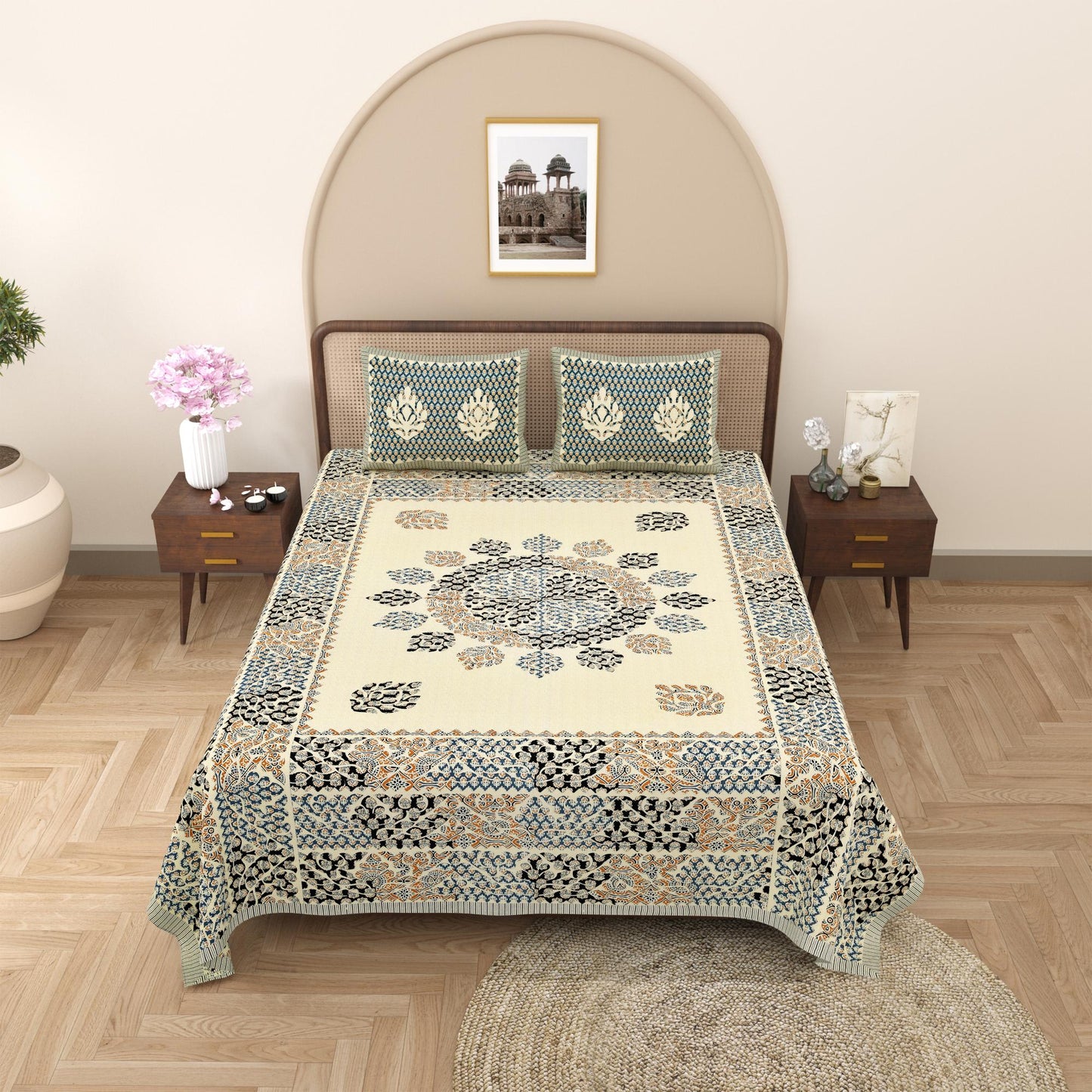 Rajasthani Cotton King Size Printed Flat Bedsheet  90*108 With 2 Zipper Pillow Cover