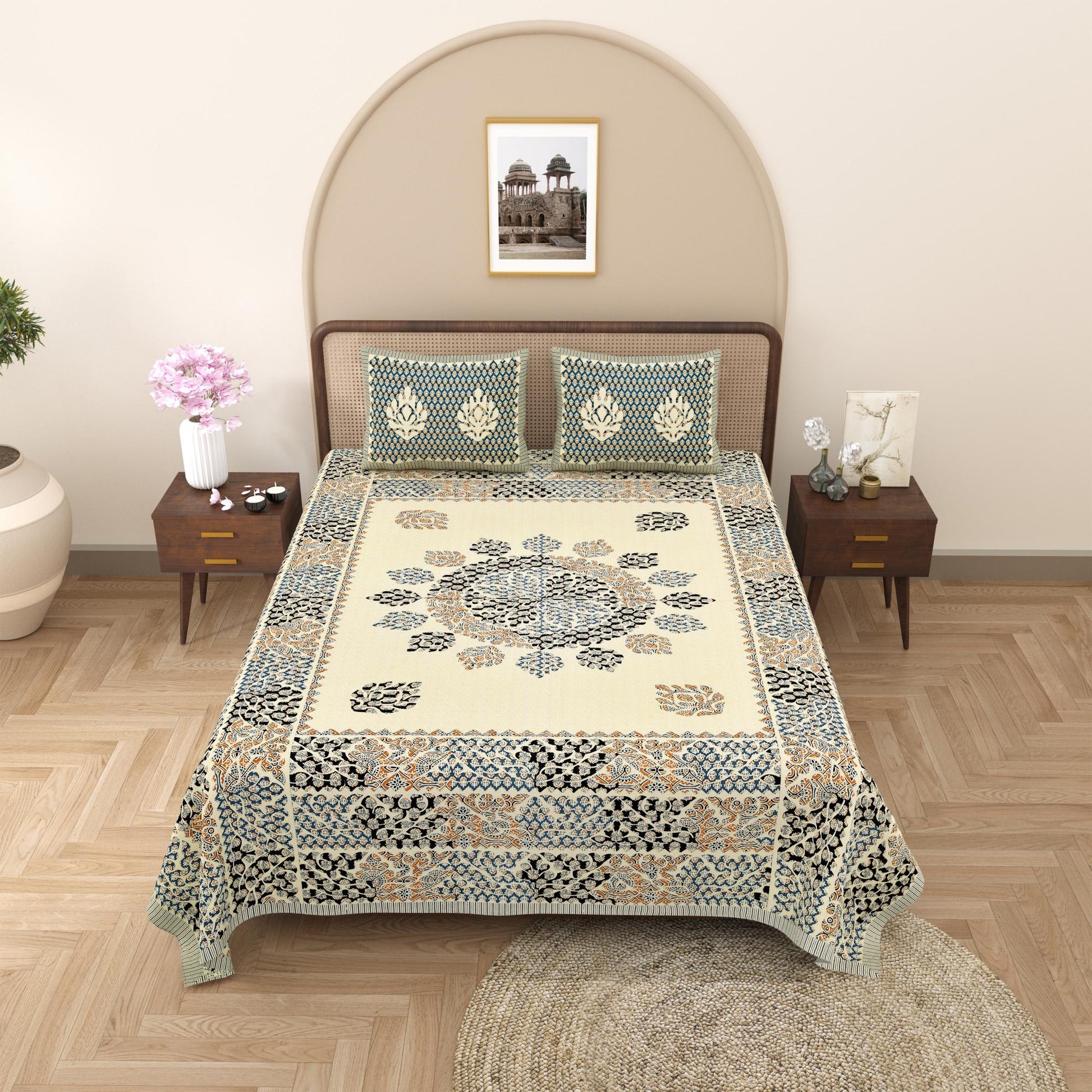 Rajasthani Cotton King Size Printed Flat Bedsheet  90*108 With 2 Zipper Pillow Cover