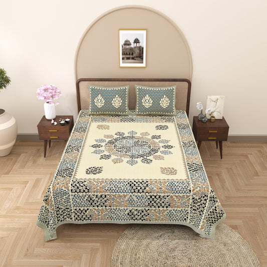 Rajasthani Cotton King Size Printed Flat Bedsheet  90*108 With 2 Zipper Pillow Cover