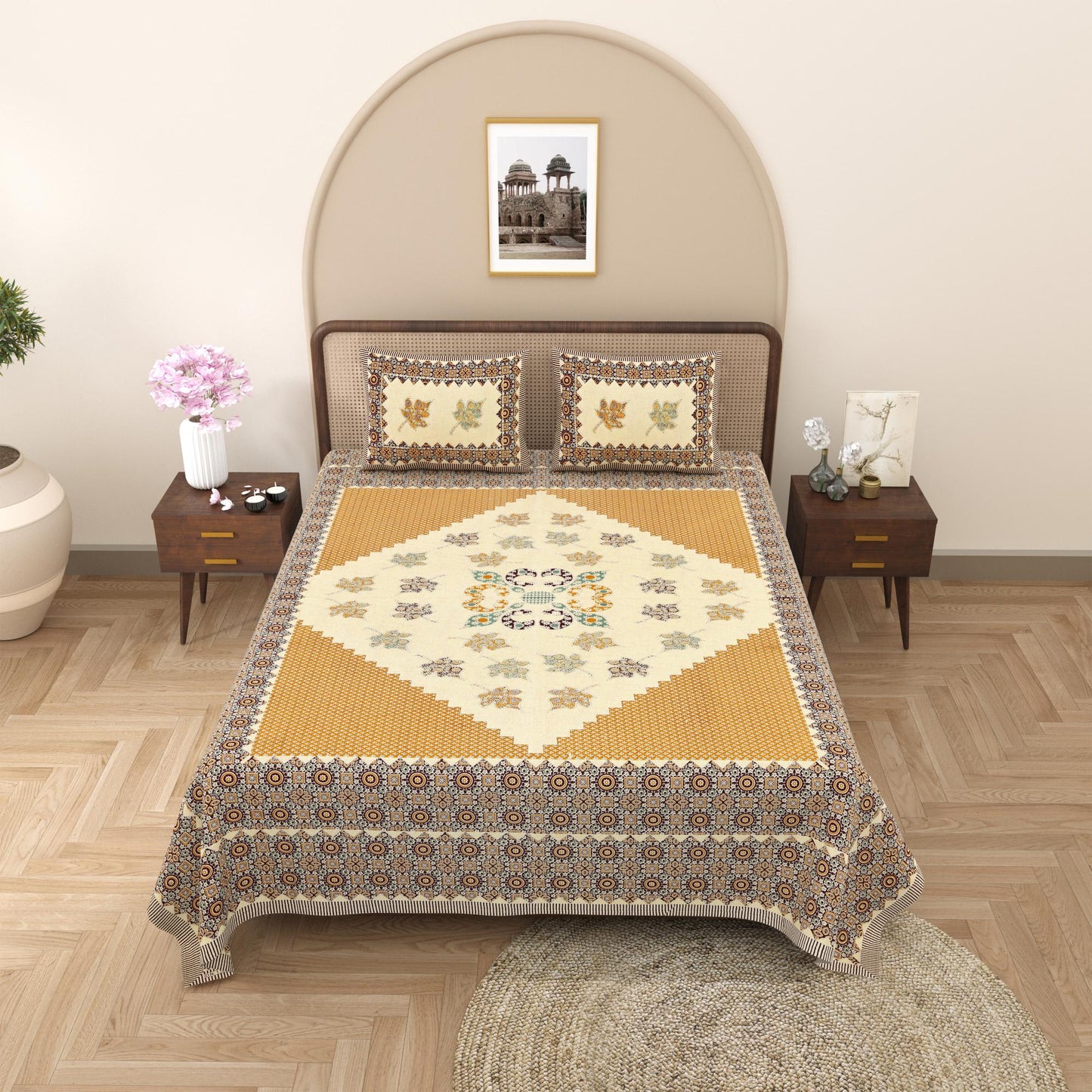 Rajasthani Cotton King Size Printed Flat Bedsheet  90*108 With 2 Zipper Pillow Cover