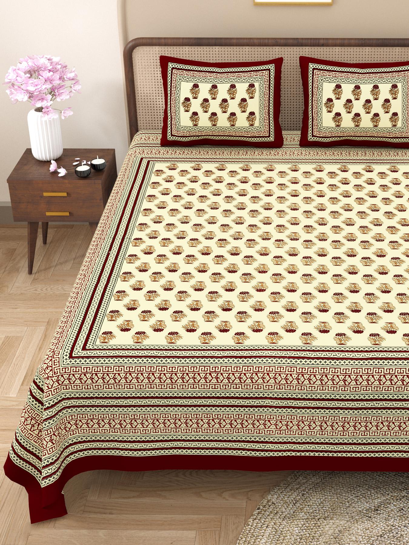 Rajasthani Cotton King Size Printed Flat Bedsheet  90*108 With 2 Zipper Pillow Cover