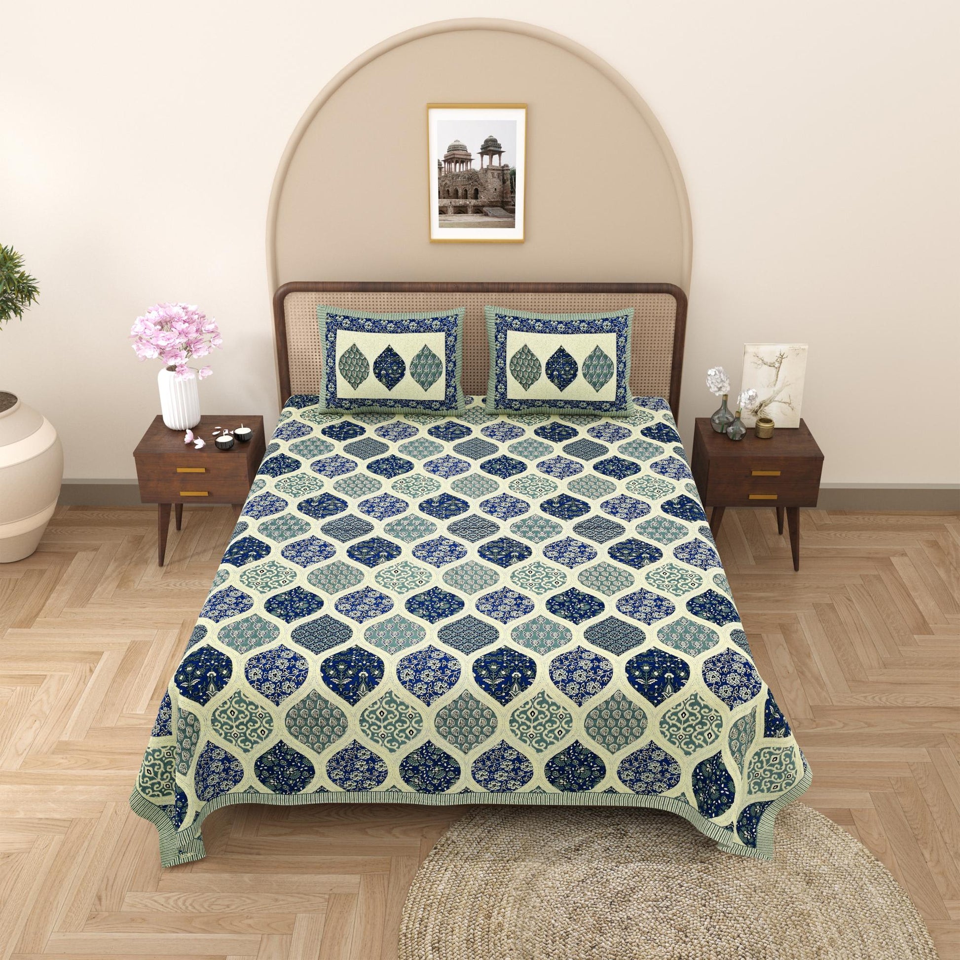 Rajasthani Cotton King Size Printed Flat Bedsheet  90*108 With 2 Zipper Pillow Cover