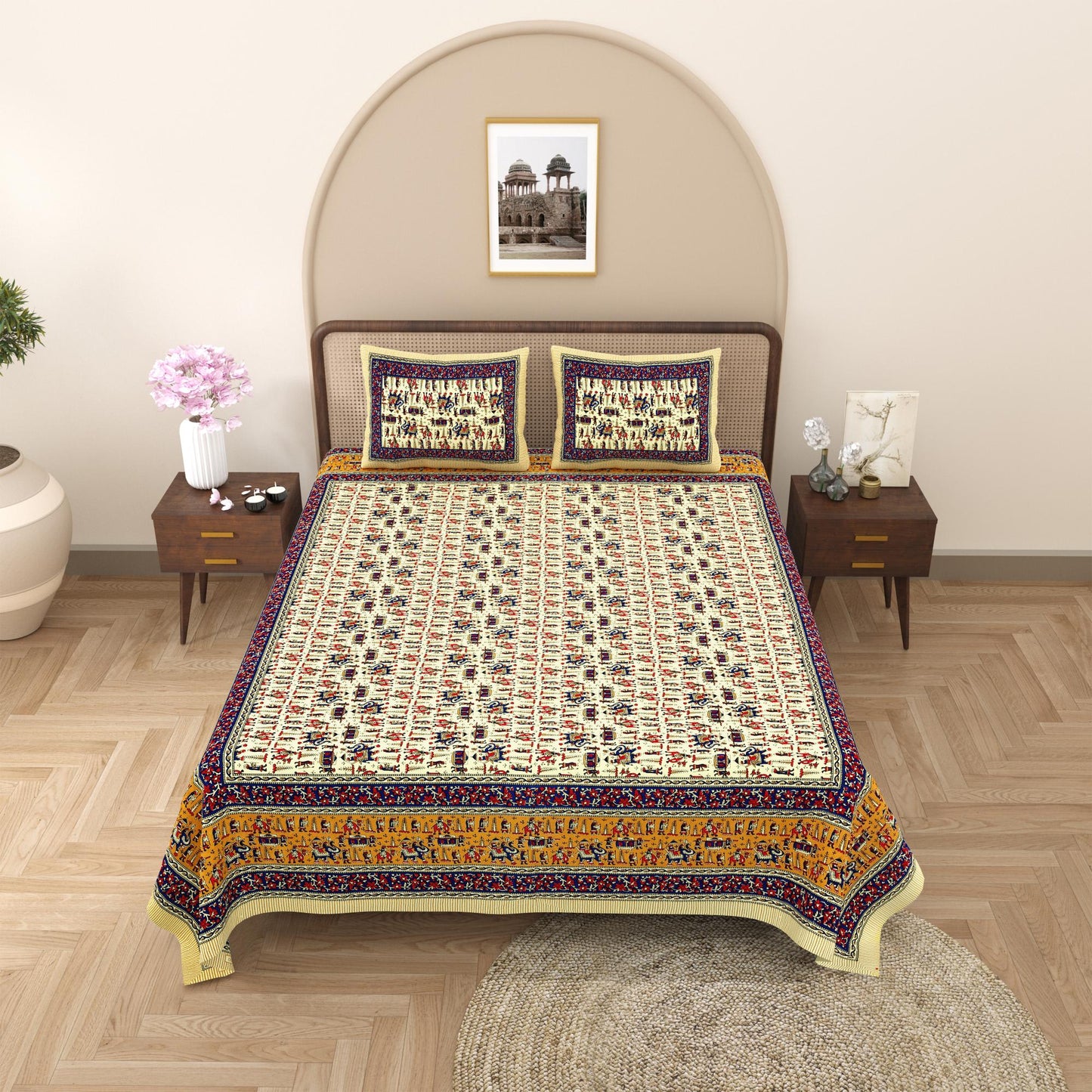 Rajasthani Cotton King Size Printed Flat Bedsheet  90*108 With 2 Zipper Pillow Cover