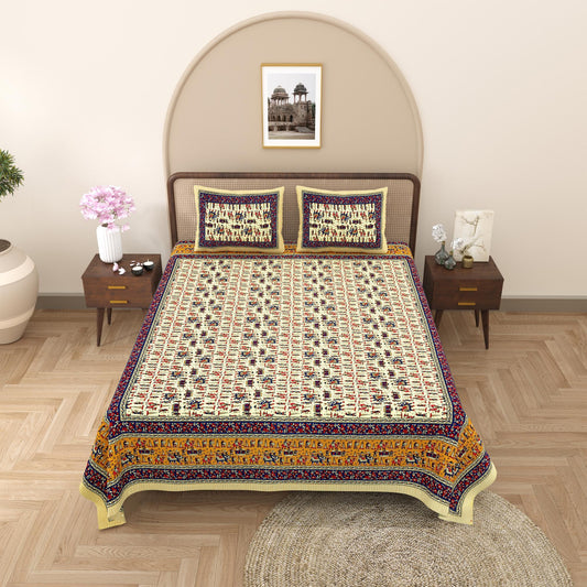 Rajasthani Cotton King Size Printed Flat Bedsheet  90*108 With 2 Zipper Pillow Cover