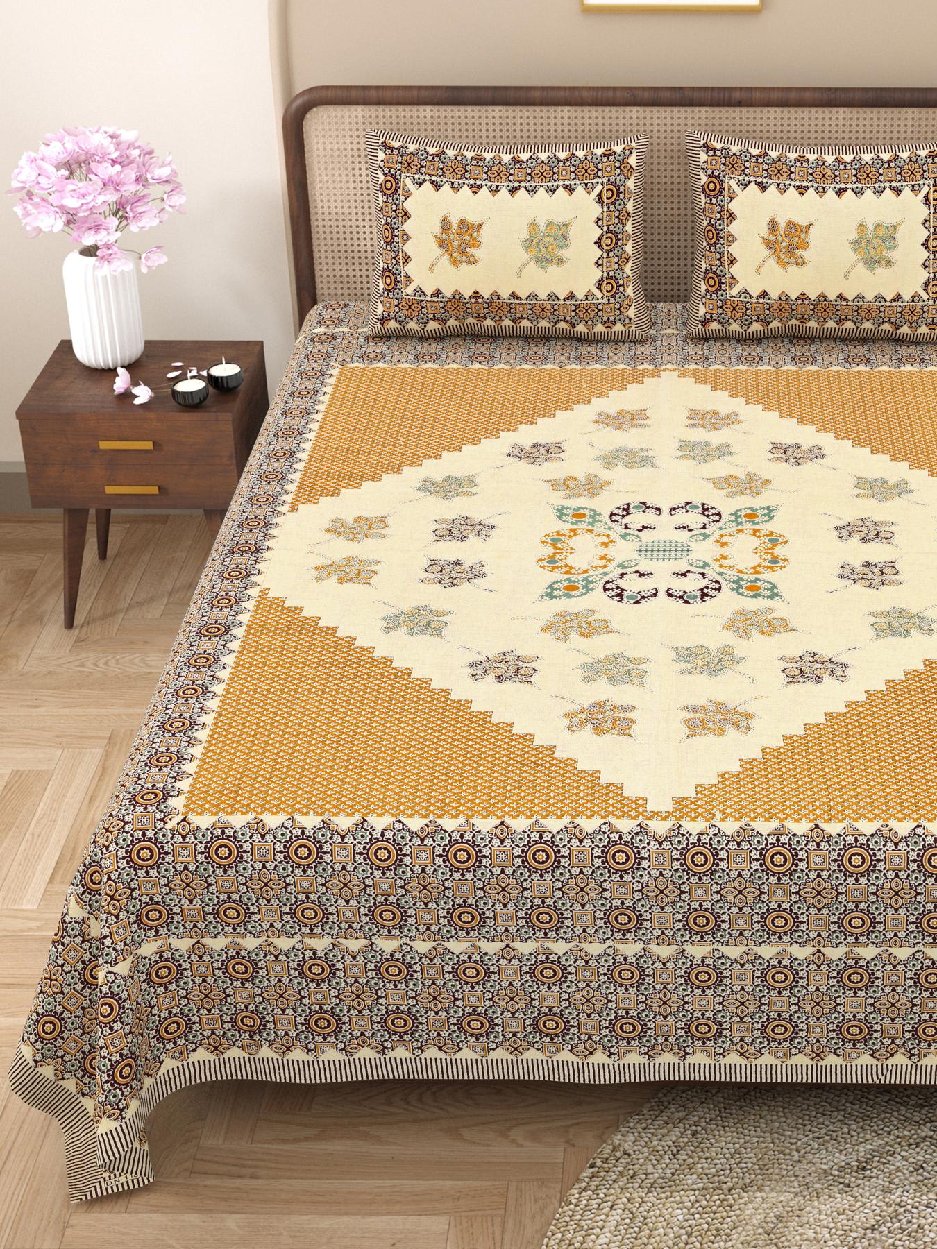 Rajasthani Cotton King Size Printed Flat Bedsheet  90*108 With 2 Zipper Pillow Cover