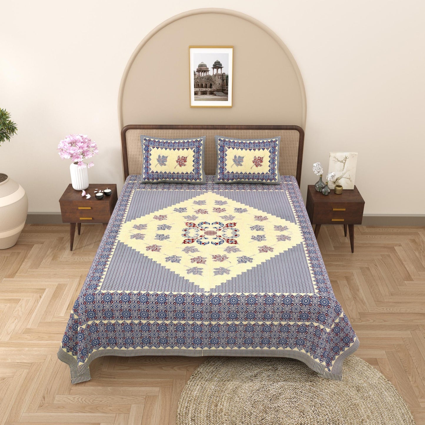 Rajasthani Cotton King Size Printed Flat Bedsheet  90*108 With 2 Zipper Pillow Cover