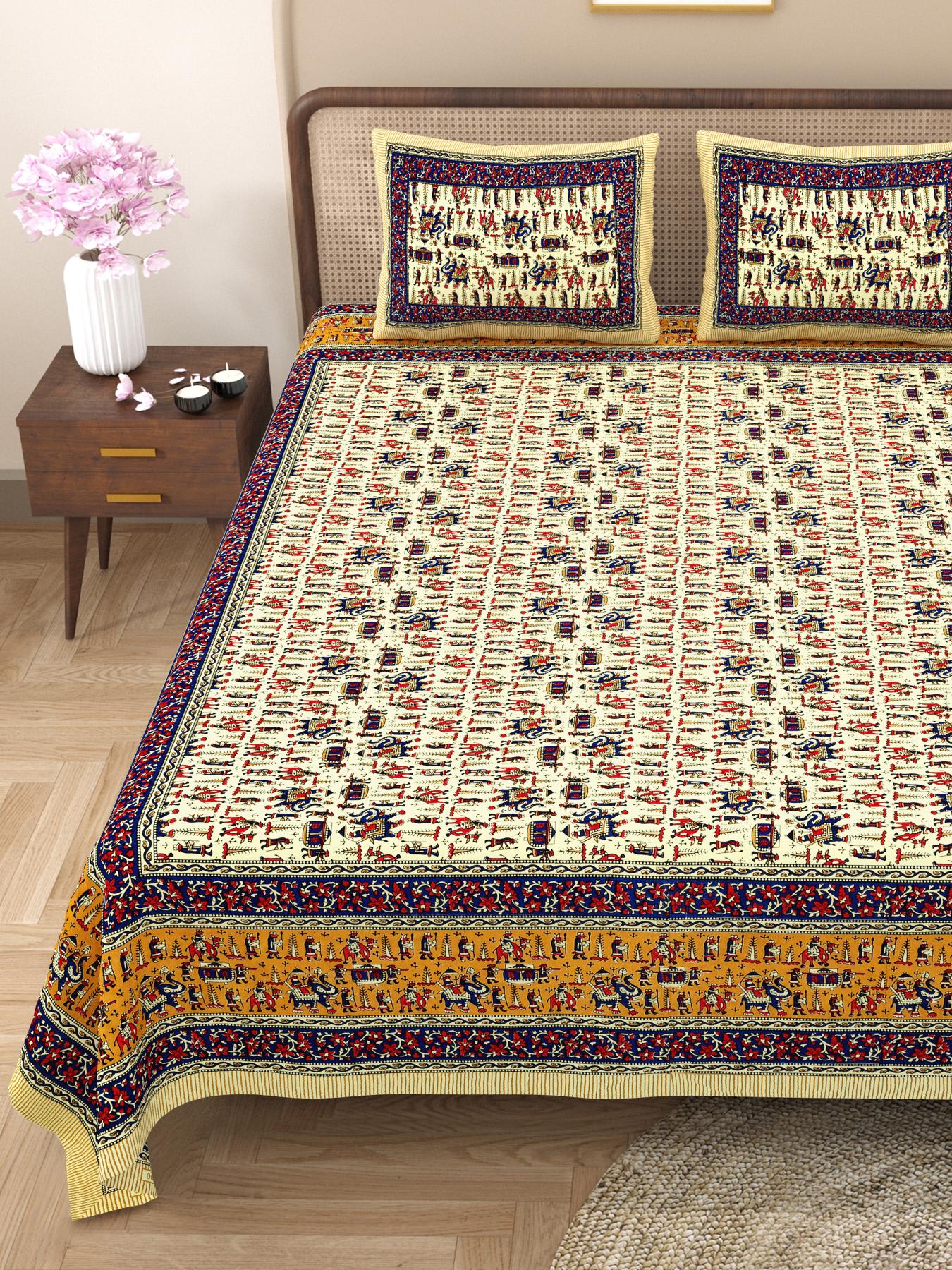 Rajasthani Cotton King Size Printed Flat Bedsheet  90*108 With 2 Zipper Pillow Cover