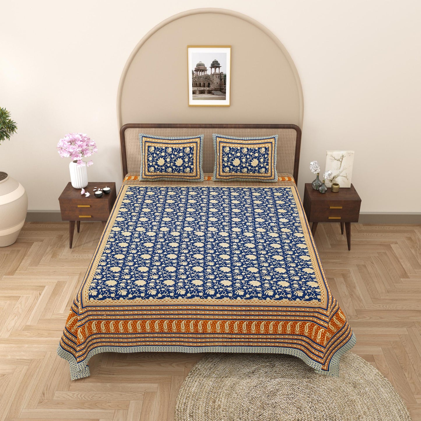 Rajasthani Cotton King Size Printed Flat Bedsheet  90*108 With 2 Zipper Pillow Cover