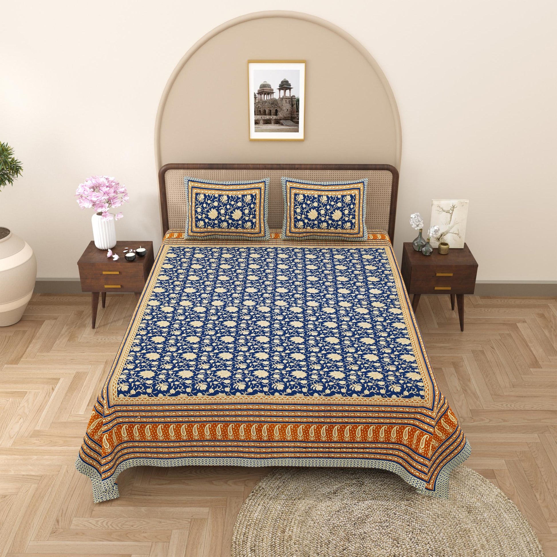 Rajasthani Cotton King Size Printed Flat Bedsheet  90*108 With 2 Zipper Pillow Cover