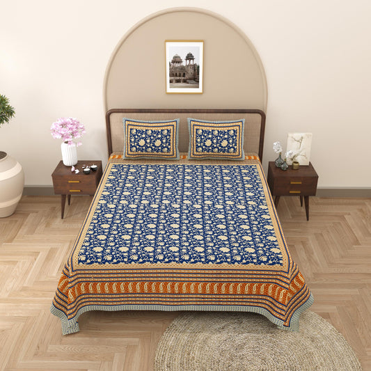 Rajasthani Cotton King Size Printed Flat Bedsheet  90*108 With 2 Zipper Pillow Cover