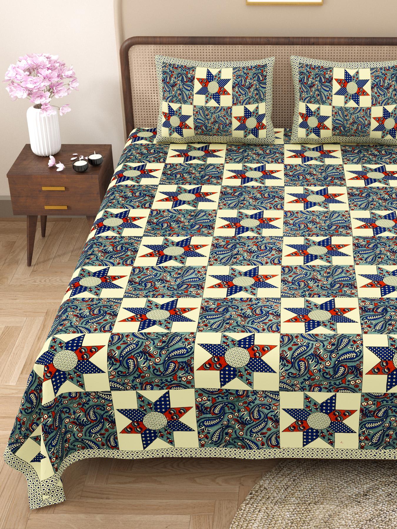 Rajasthani Cotton King Size Printed Flat Bedsheet  90*108 With 2 Zipper Pillow Cover