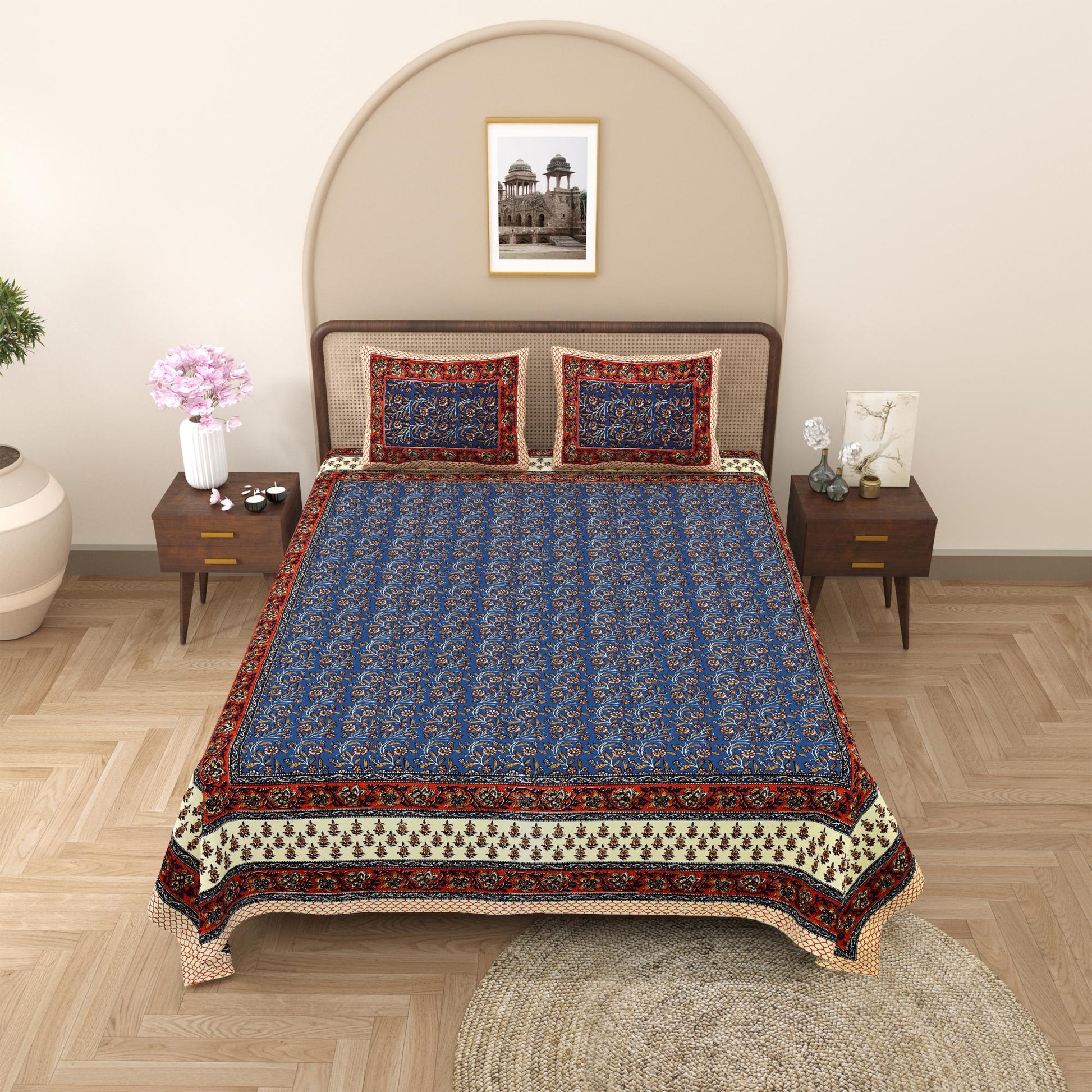 Rajasthani Cotton King Size Printed Flat Bedsheet  90*108 With 2 Zipper Pillow Cover