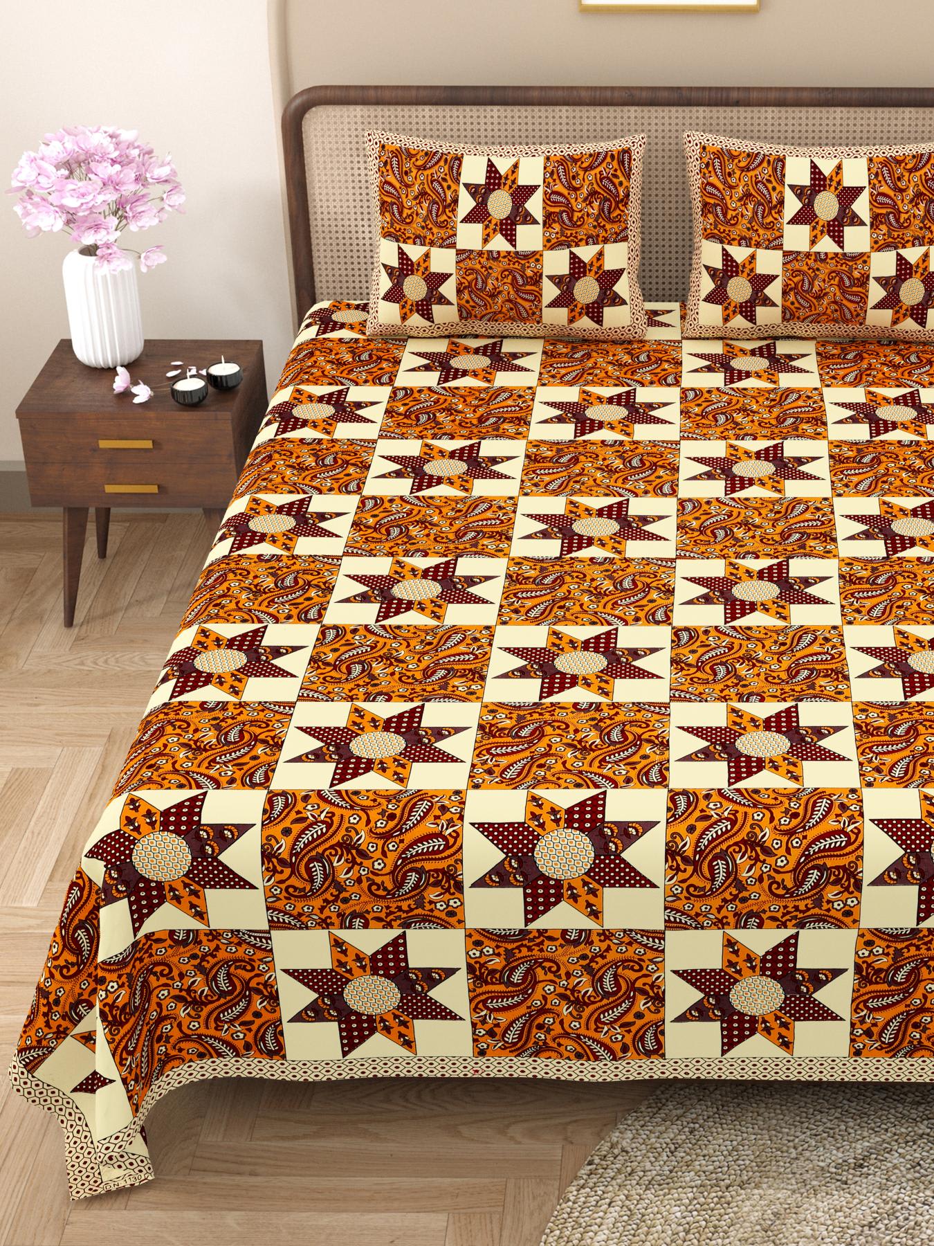 Rajasthani Cotton King Size Printed Flat Bedsheet  90*108 With 2 Zipper Pillow Cover