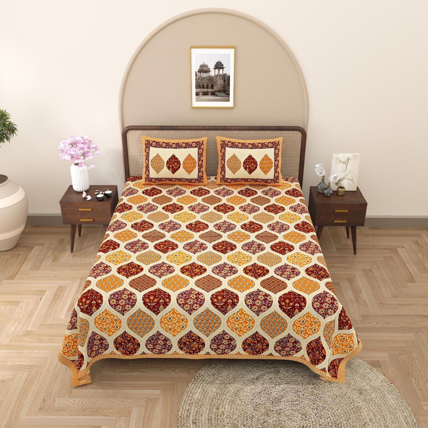 Rajasthani Cotton King Size Printed Flat Bedsheet  90*108 With 2 Zipper Pillow Cover