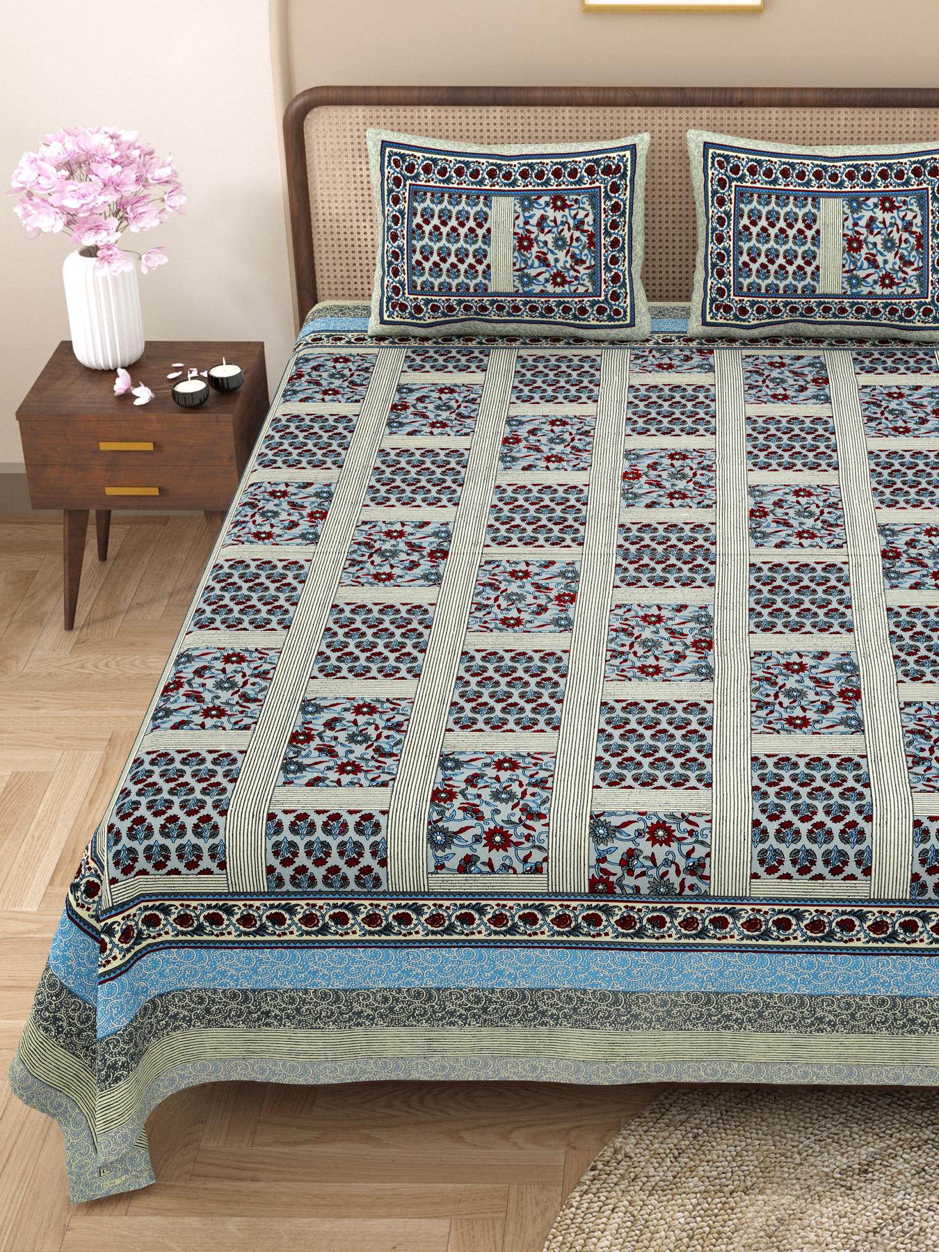 Rajasthani Cotton King Size Printed Flat Bedsheet  90*108 With 2 Zipper Pillow Cover