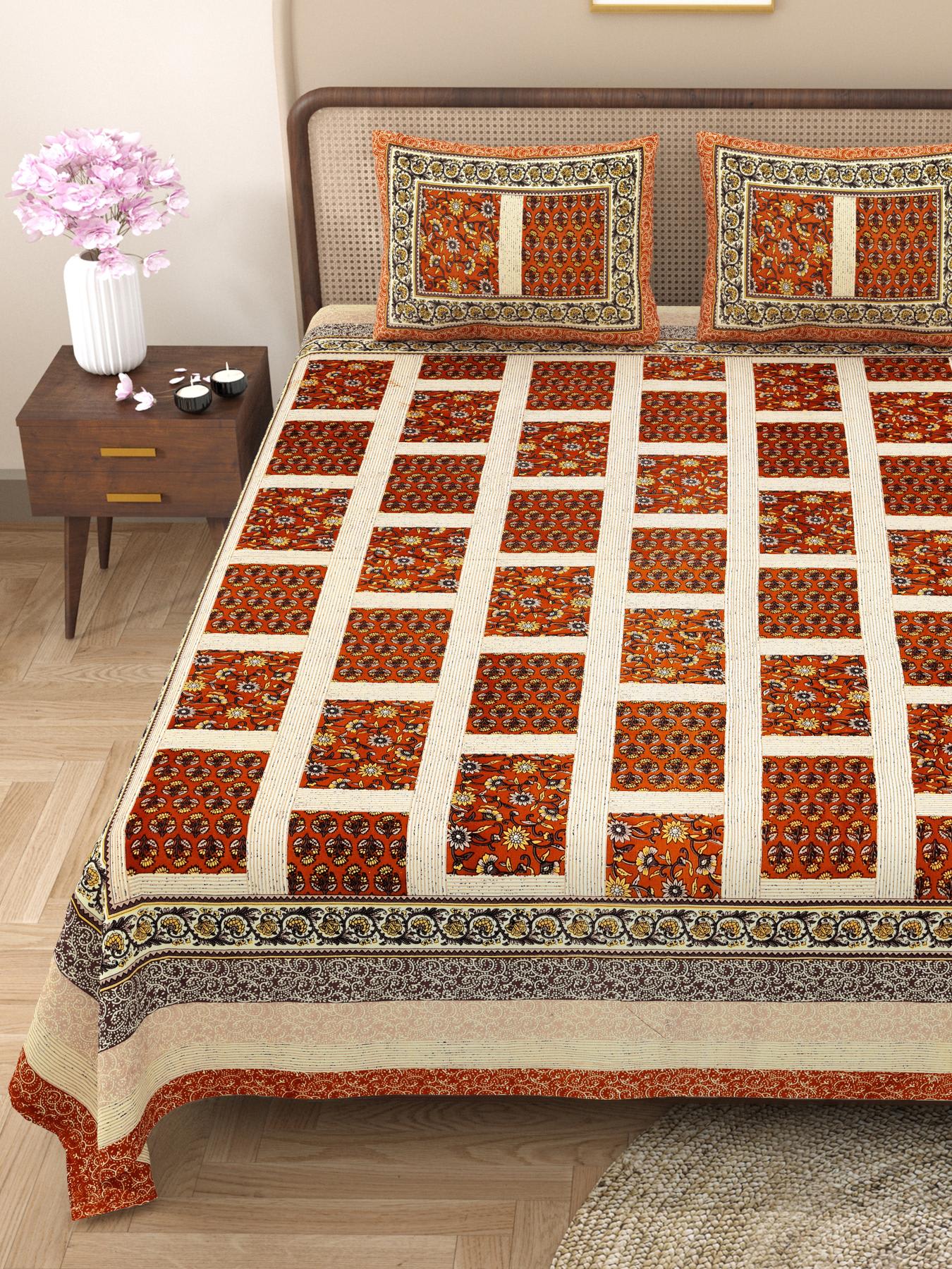 Rajasthani Cotton King Size Printed Flat Bedsheet  90*108 With 2 Zipper Pillow Cover