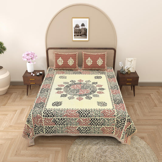 Rajasthani Cotton King Size Printed Flat Bedsheet  90*108 With 2 Zipper Pillow Cover