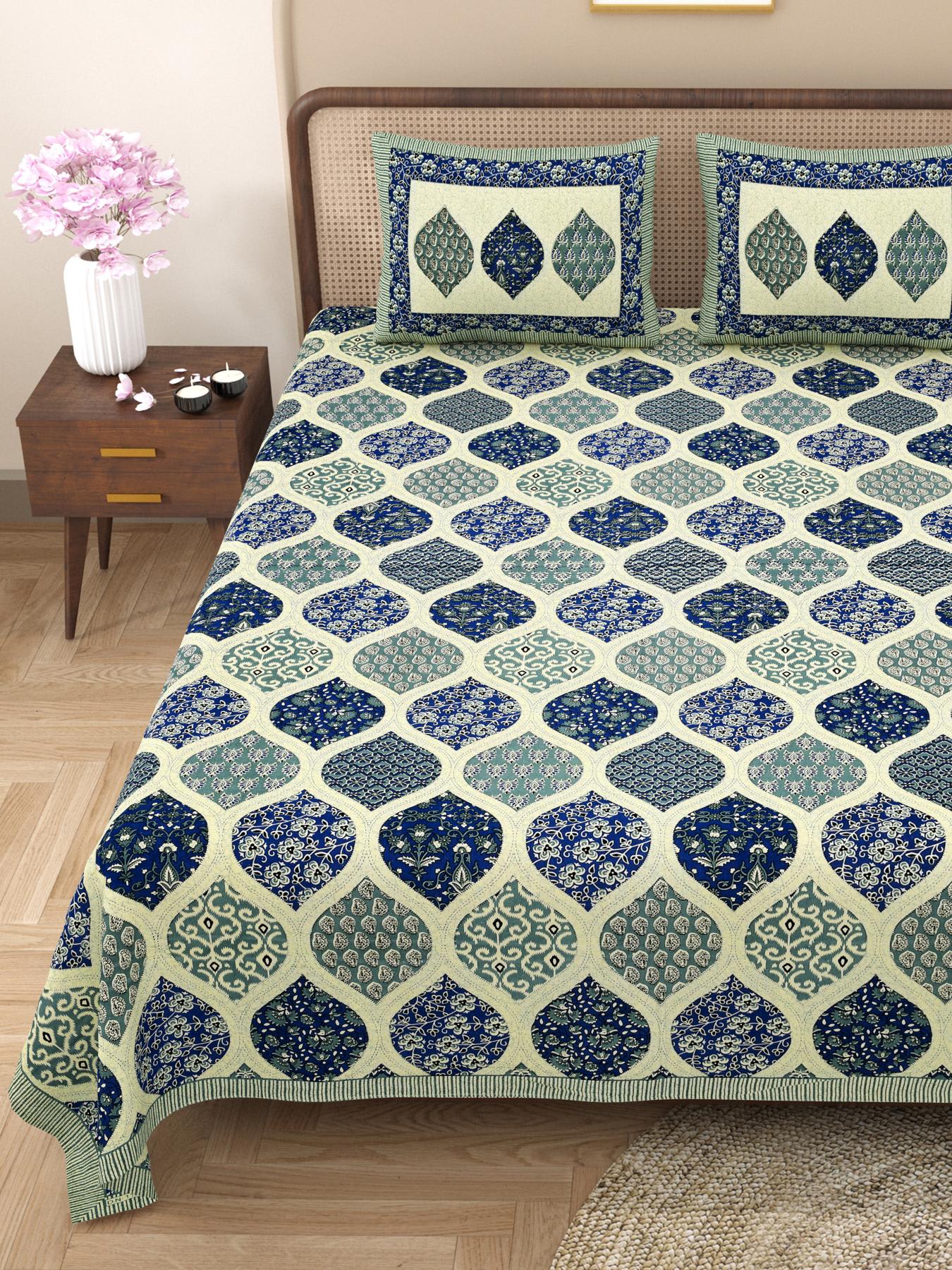 Rajasthani Cotton King Size Printed Flat Bedsheet  90*108 With 2 Zipper Pillow Cover