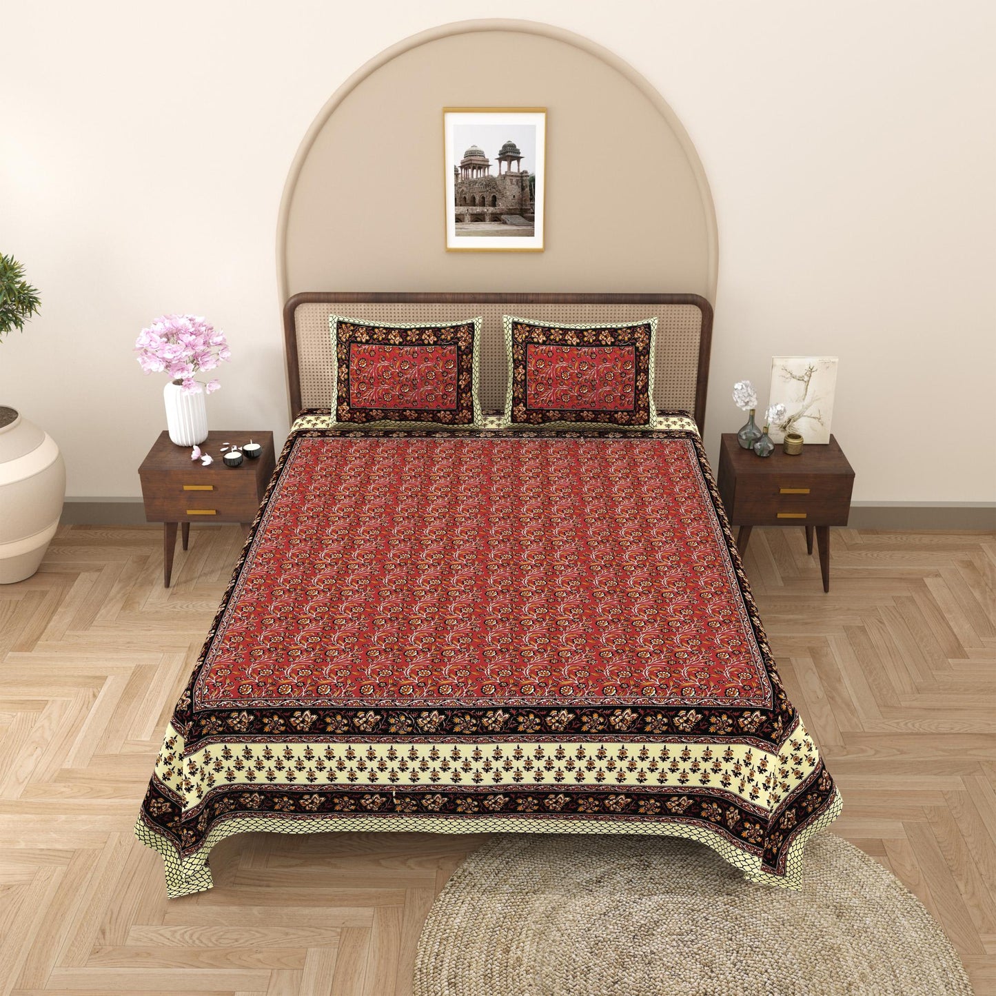 Rajasthani Cotton King Size Printed Flat Bedsheet  90*108 With 2 Zipper Pillow Cover