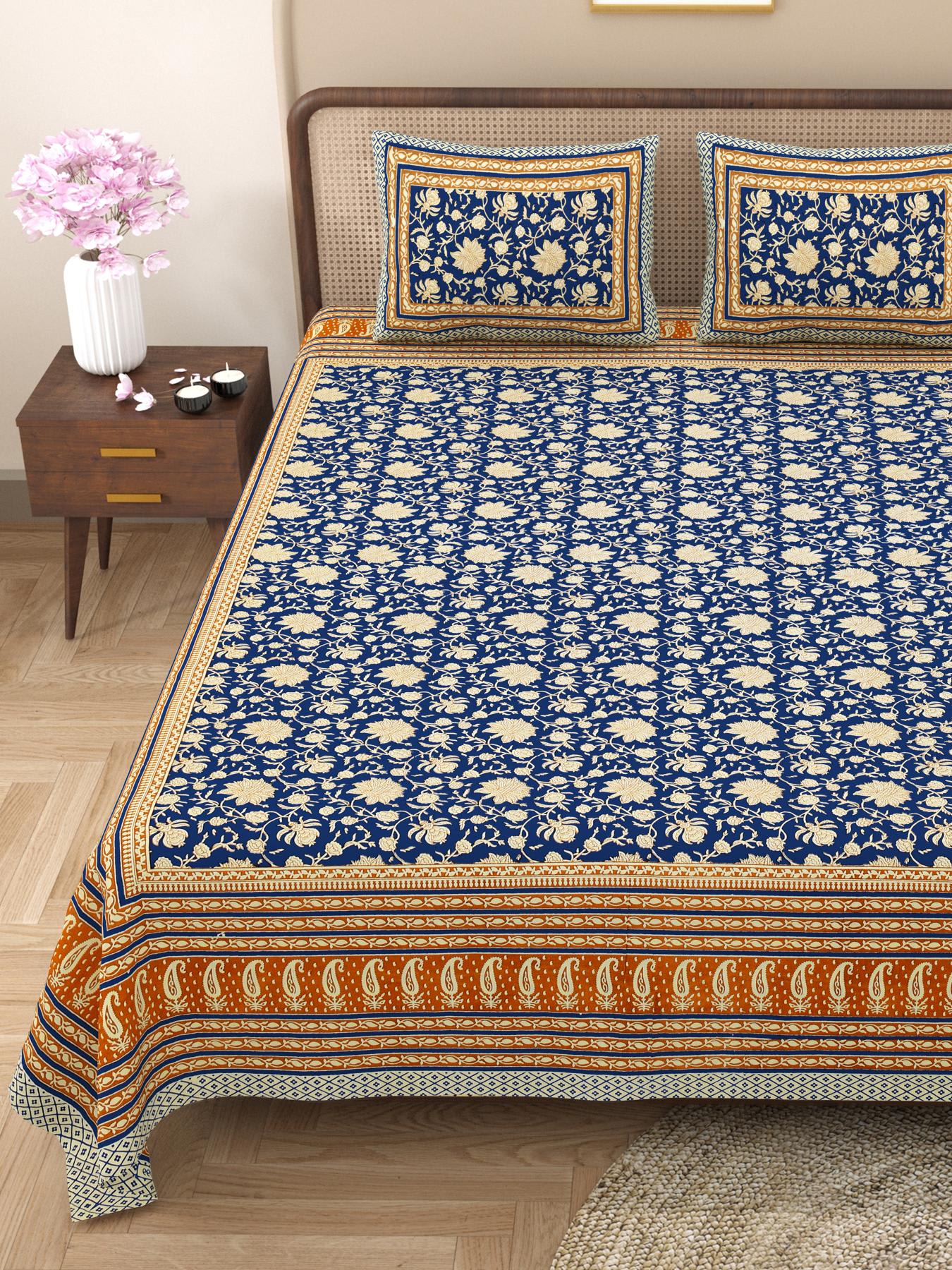 Rajasthani Cotton King Size Printed Flat Bedsheet  90*108 With 2 Zipper Pillow Cover