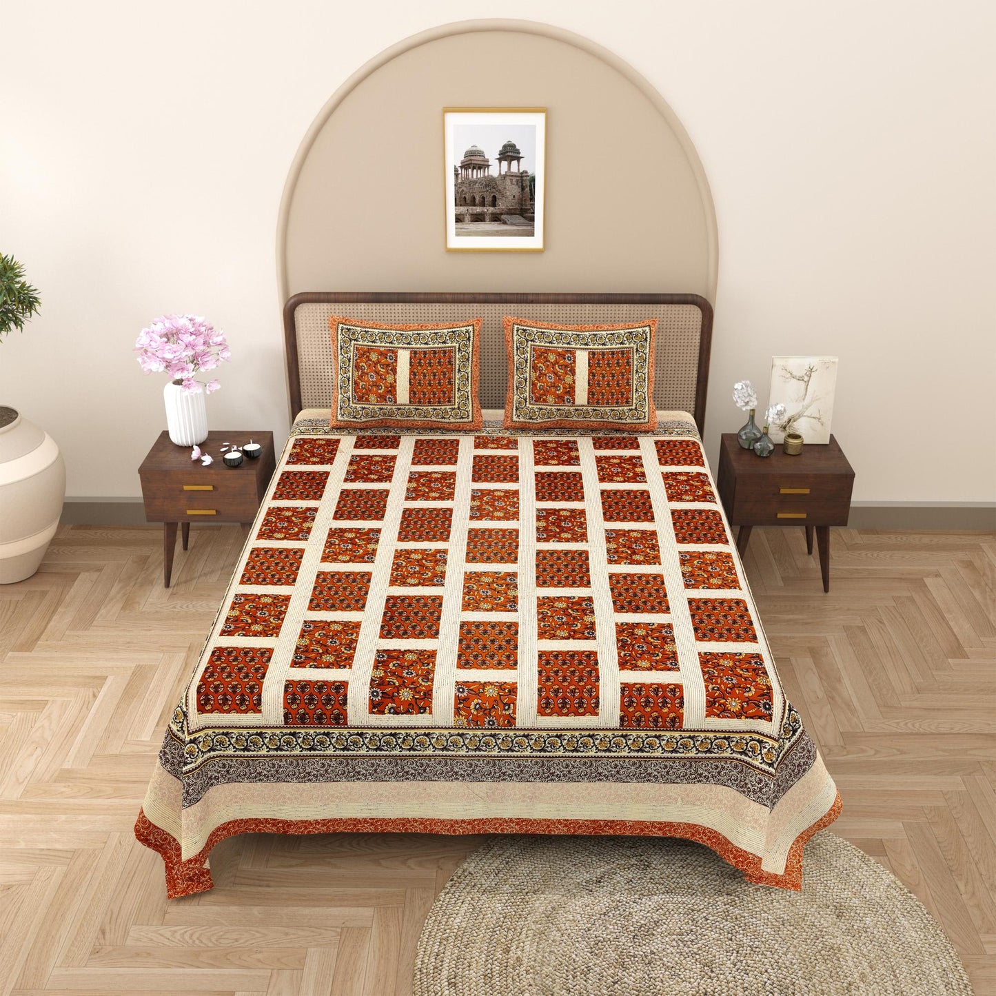 Rajasthani Cotton King Size Printed Flat Bedsheet  90*108 With 2 Zipper Pillow Cover
