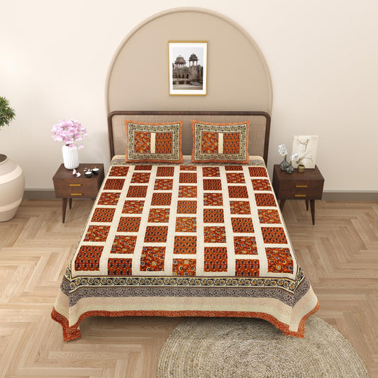 Rajasthani Cotton King Size Printed Flat Bedsheet  90*108 With 2 Zipper Pillow Cover