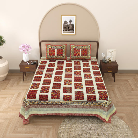Rajasthani Cotton King Size Printed Flat Bedsheet  90*108 With 2 Zipper Pillow Cover